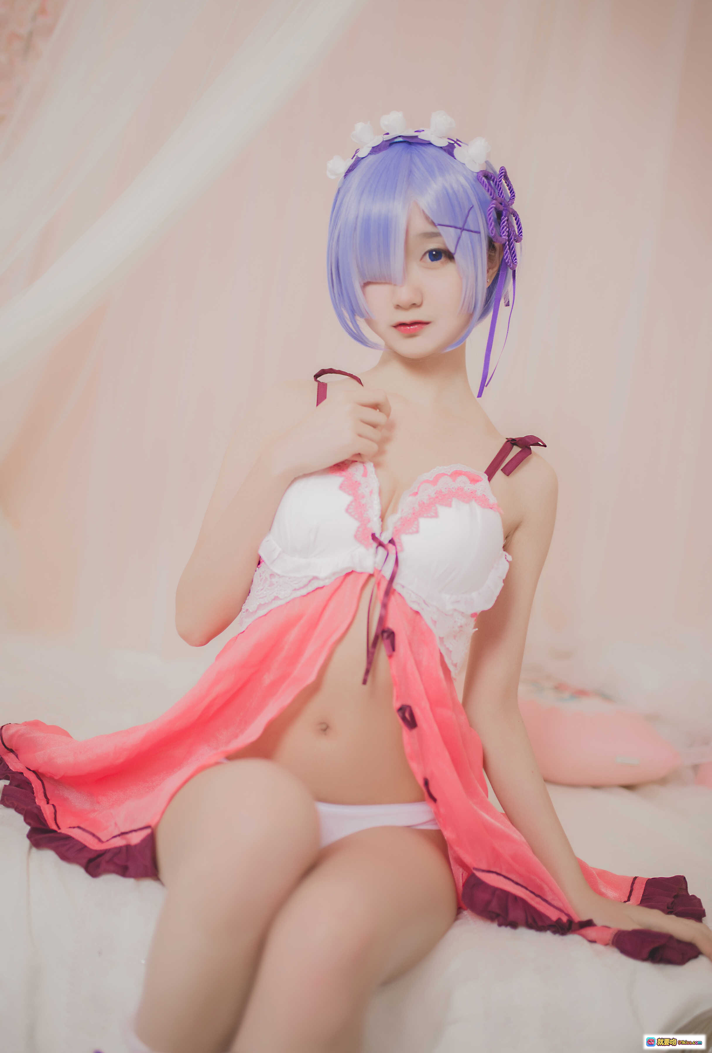 图片[9] - 木绵绵OwO NO.004 蕾姆睡衣Cosplay 24P高清写真 紫发少女粉白蕾丝内衣床照甜美私房图 - 就要吻