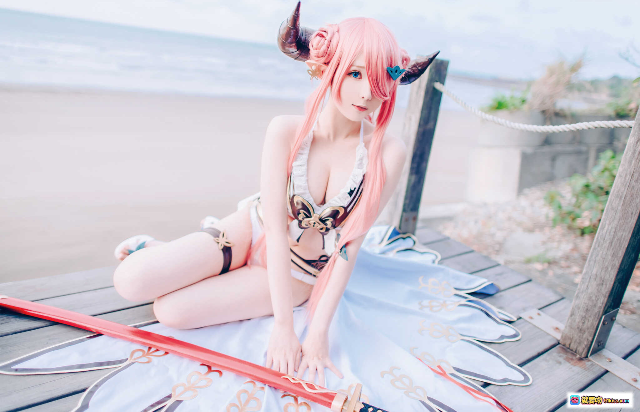 图片[10] - 霜月shimo NO.042 碧蓝幻想娜露梅亚 Cosplay 粉发恶魔角 黑丝高跟剑娘 94P高清写真 - 就要吻