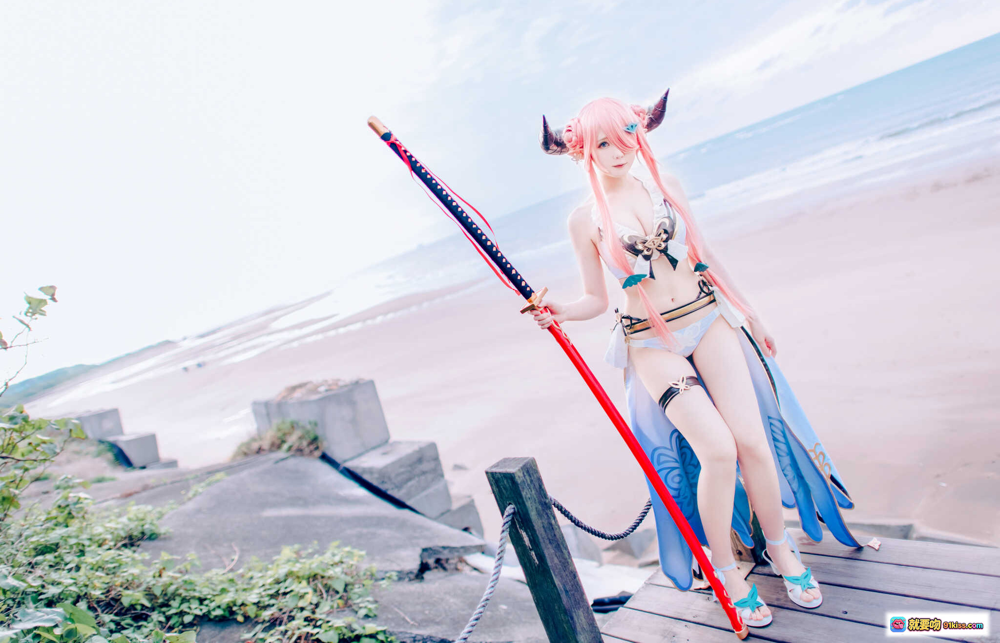 图片[3] - 霜月shimo NO.042 碧蓝幻想娜露梅亚 Cosplay 粉发恶魔角 黑丝高跟剑娘 94P高清写真 - 就要吻