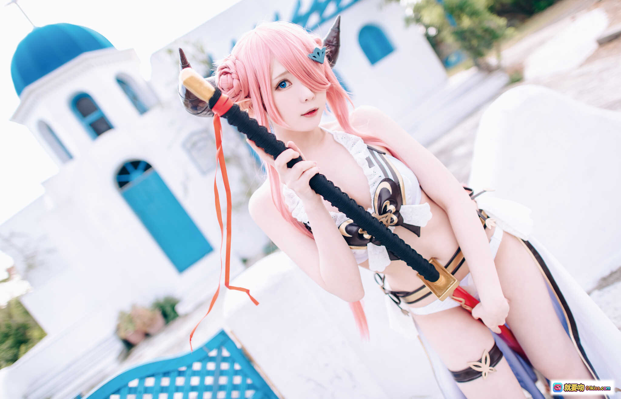 图片[2] - 霜月shimo NO.042 碧蓝幻想娜露梅亚 Cosplay 粉发恶魔角 黑丝高跟剑娘 94P高清写真 - 就要吻