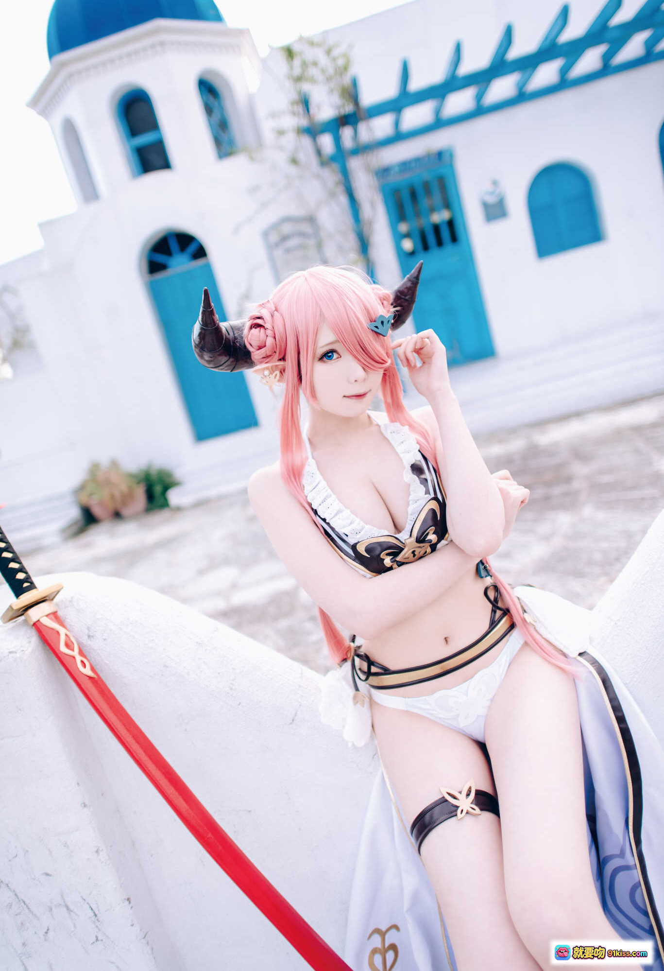 图片[5] - 霜月shimo NO.042 碧蓝幻想娜露梅亚 Cosplay 粉发恶魔角 黑丝高跟剑娘 94P高清写真 - 就要吻