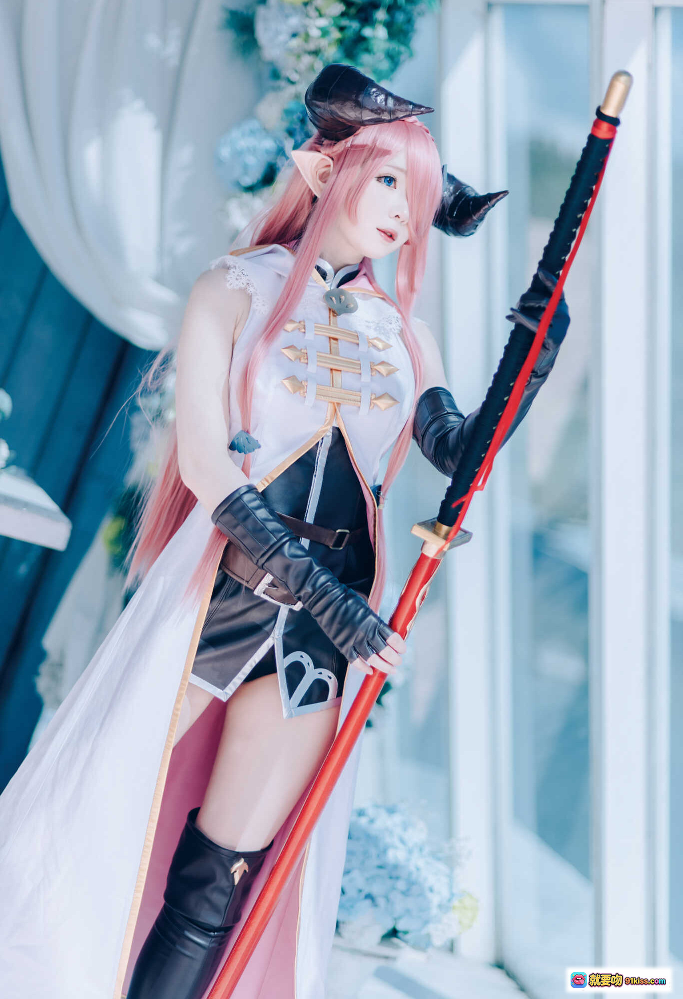 图片[9] - 霜月shimo NO.042 碧蓝幻想娜露梅亚 Cosplay 粉发恶魔角 黑丝高跟剑娘 94P高清写真 - 就要吻