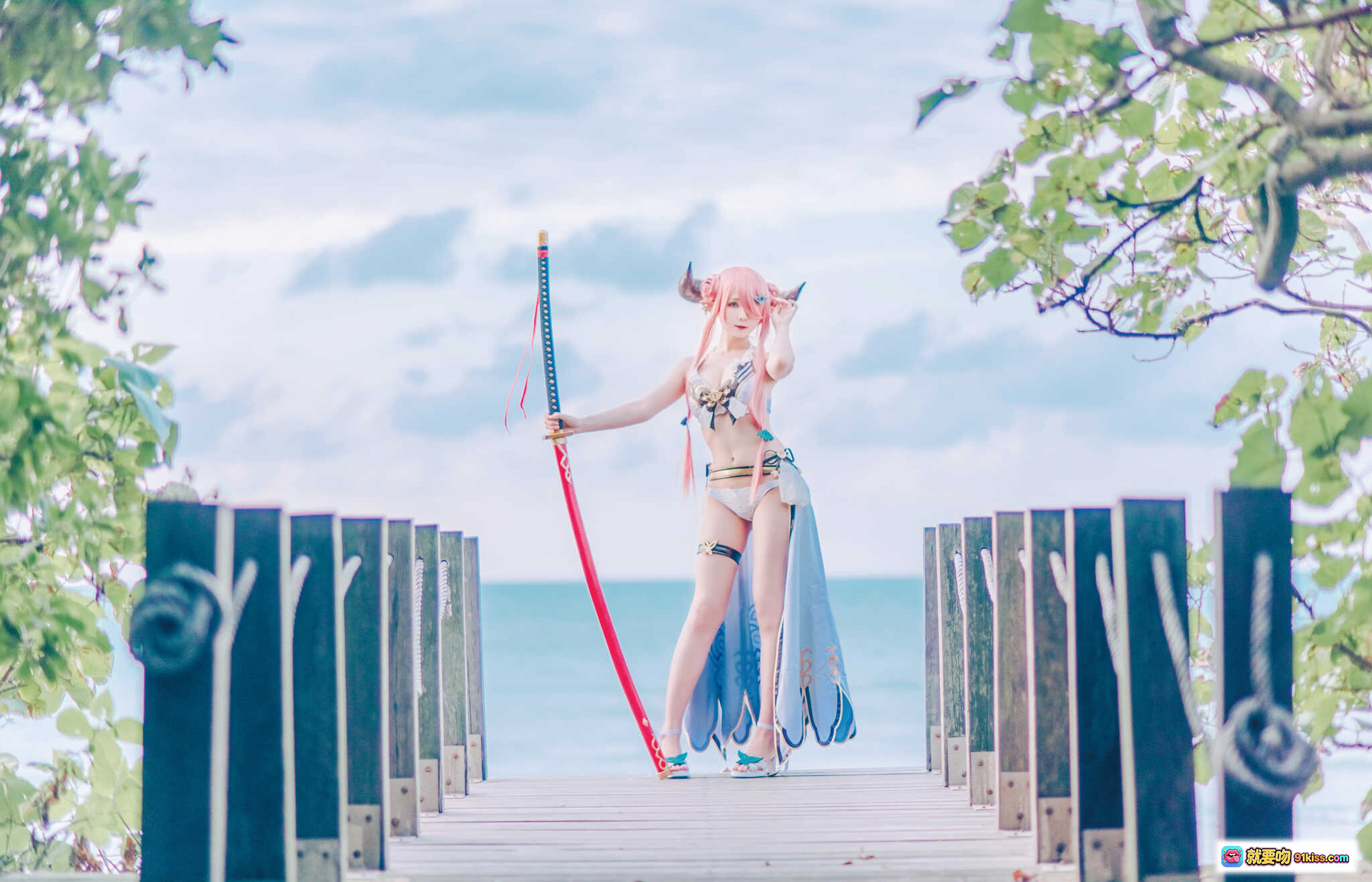 图片[4] - 霜月shimo NO.042 碧蓝幻想娜露梅亚 Cosplay 粉发恶魔角 黑丝高跟剑娘 94P高清写真 - 就要吻