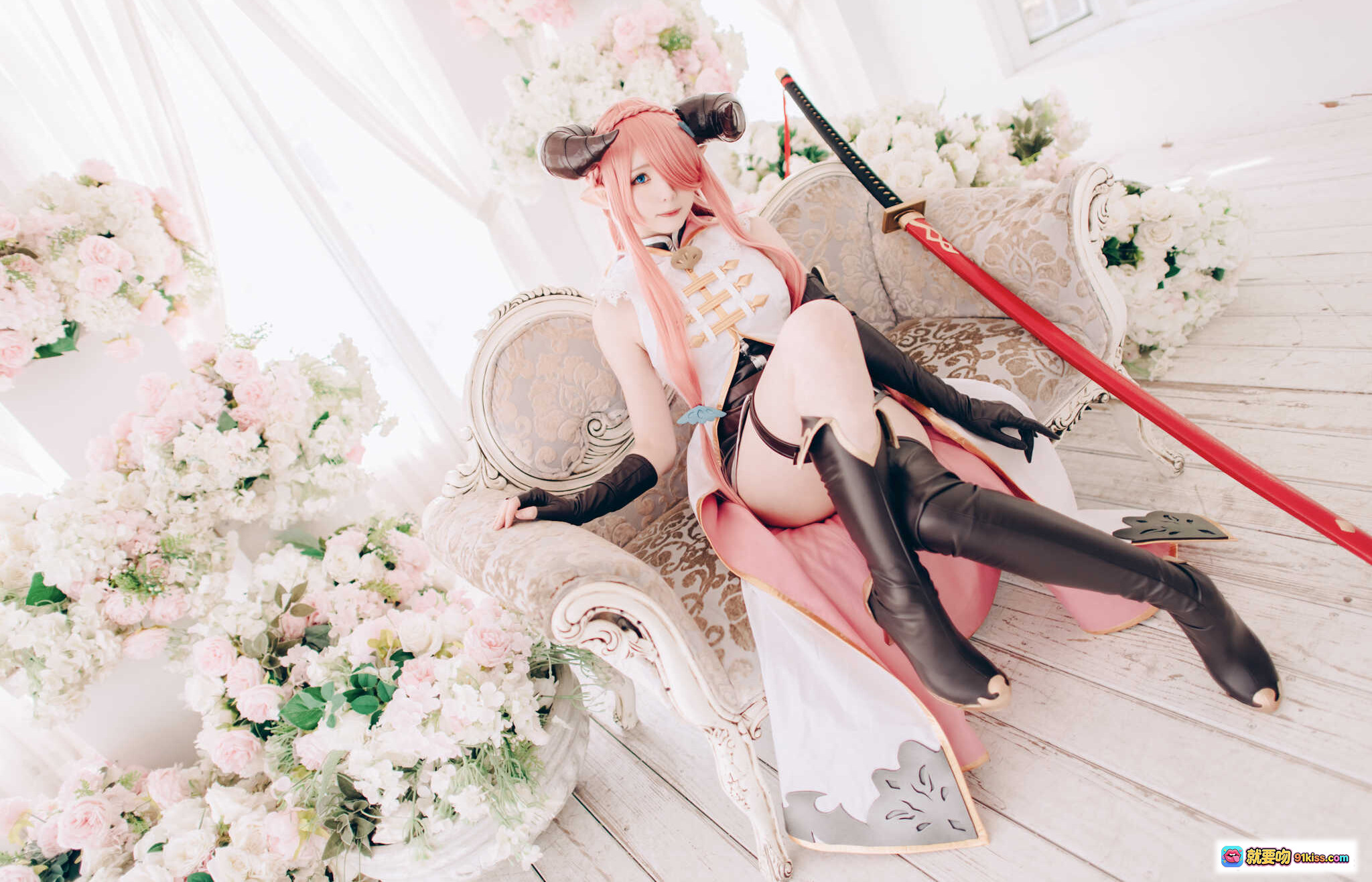 图片[7] - 霜月shimo NO.042 碧蓝幻想娜露梅亚 Cosplay 粉发恶魔角 黑丝高跟剑娘 94P高清写真 - 就要吻