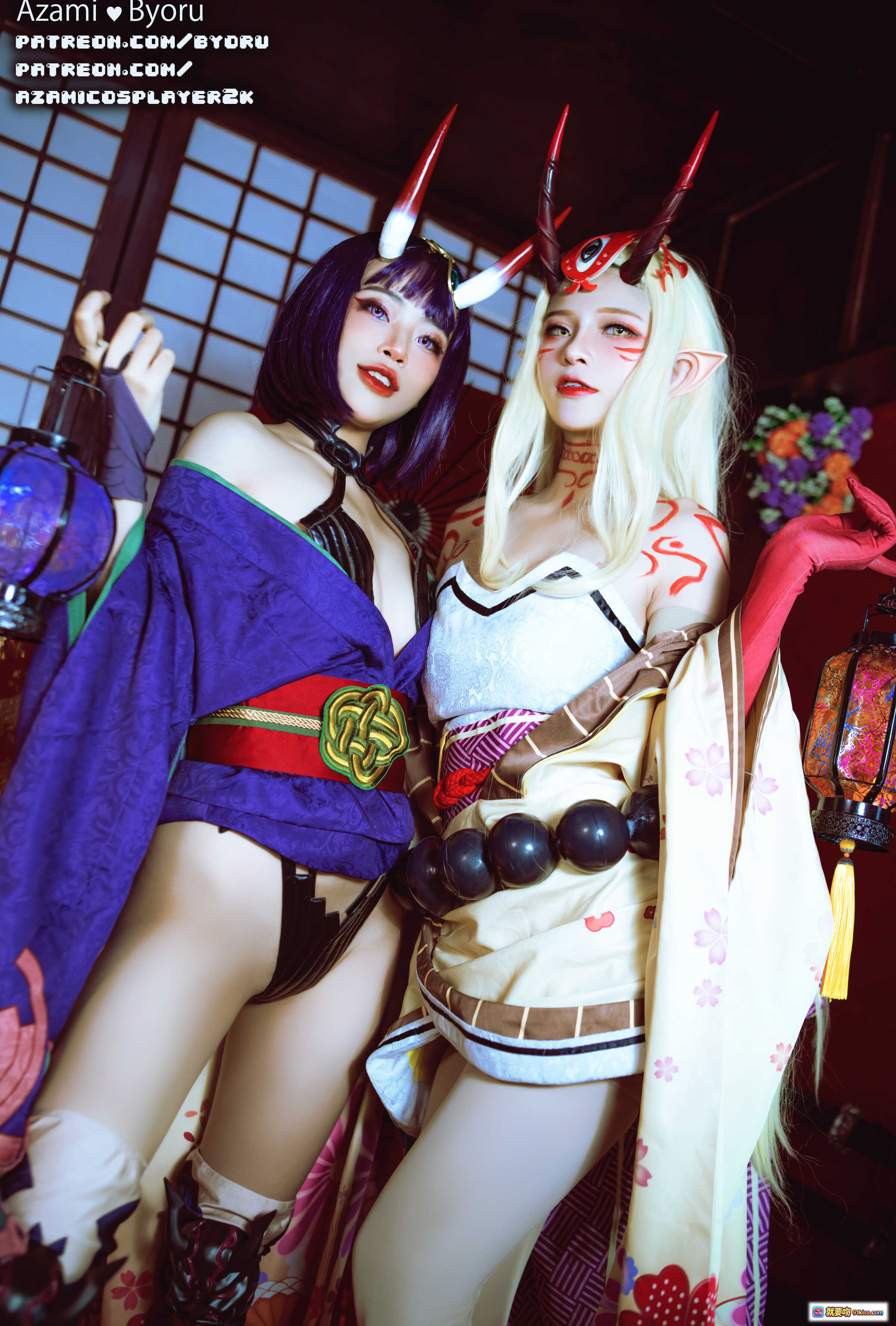 图片[3] - Azami NO.025 酒吞童子与茨木童子Cosplay写真｜日式和风妖艳双人造型｜紫色黑发+金发精灵耳｜角饰和服元素｜5P高清图集 - 就要吻
