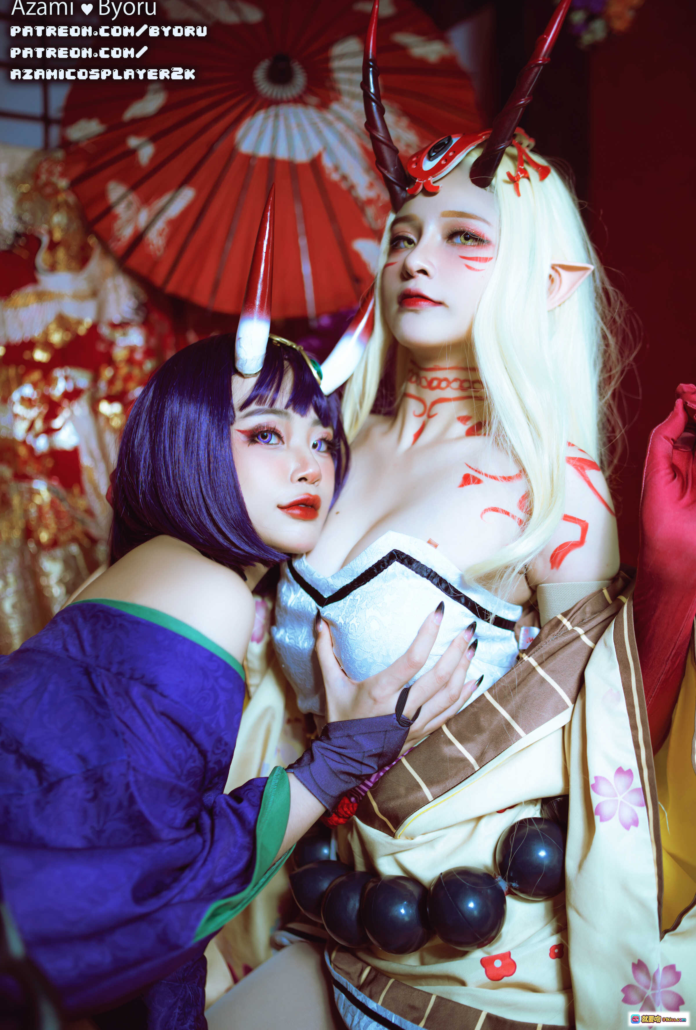 图片[5] - Azami NO.025 酒吞童子与茨木童子Cosplay写真｜日式和风妖艳双人造型｜紫色黑发+金发精灵耳｜角饰和服元素｜5P高清图集 - 就要吻