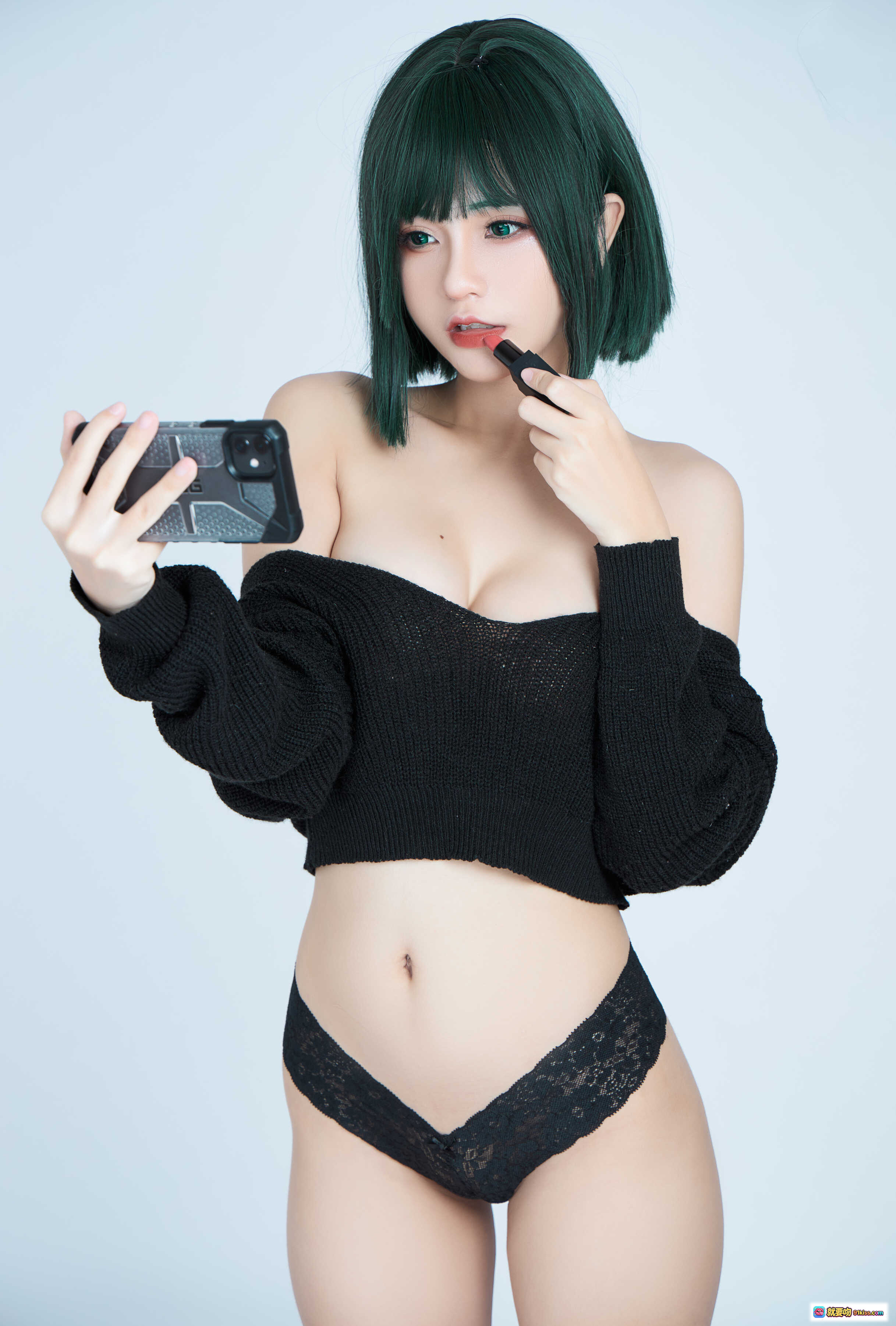 图片[9] - Azami NO.032 龙卷一拳超人cosplay 绿发短发黑毛衣露肩性感写真15P高清图集 - 就要吻