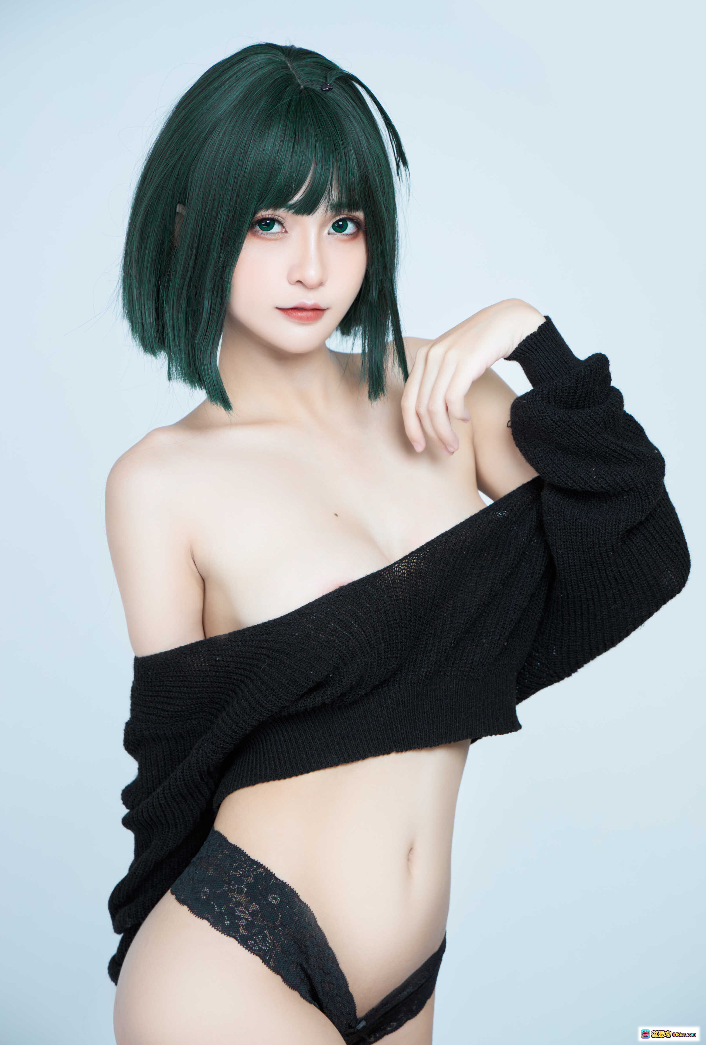 图片[5] - Azami NO.032 龙卷一拳超人cosplay 绿发短发黑毛衣露肩性感写真15P高清图集 - 就要吻