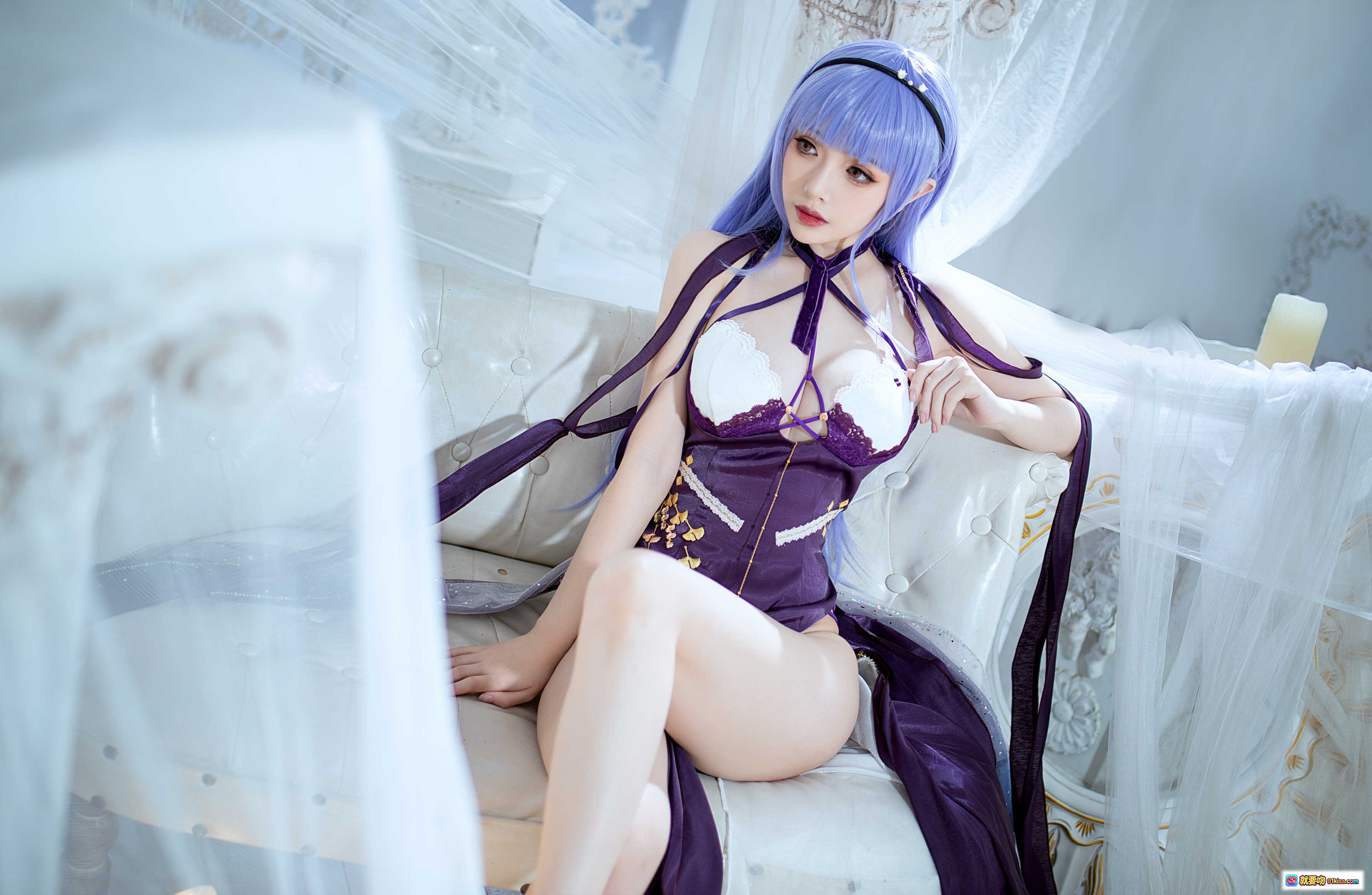 图片[5] - 雯妹不讲道理NO.063碧蓝航线黛朵COS写真 2021年1月紫色系性感蕾丝吊带裙精灵耳造型室内唯美拍摄 - 就要吻