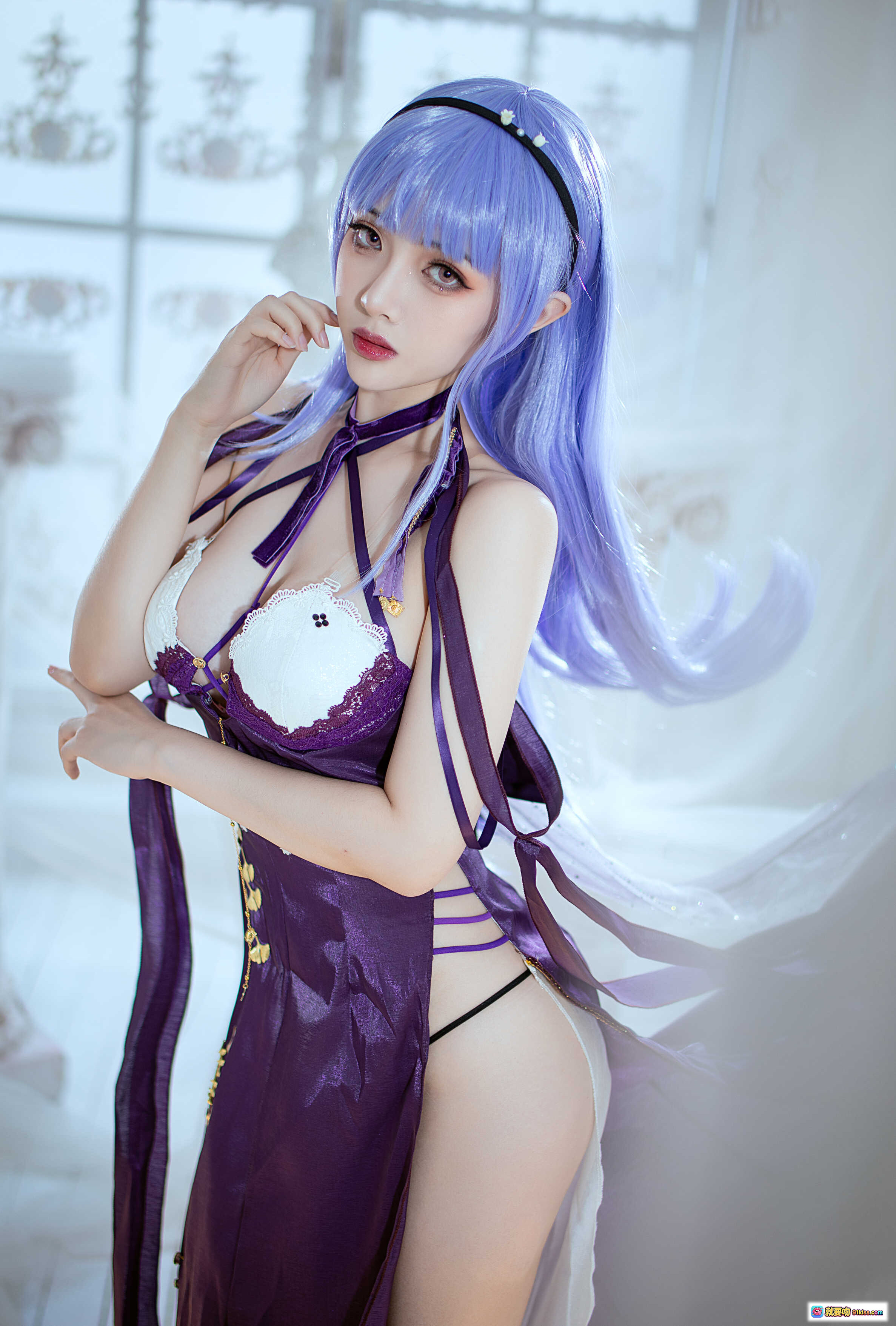 图片[4] - 雯妹不讲道理NO.063碧蓝航线黛朵COS写真 2021年1月紫色系性感蕾丝吊带裙精灵耳造型室内唯美拍摄 - 就要吻