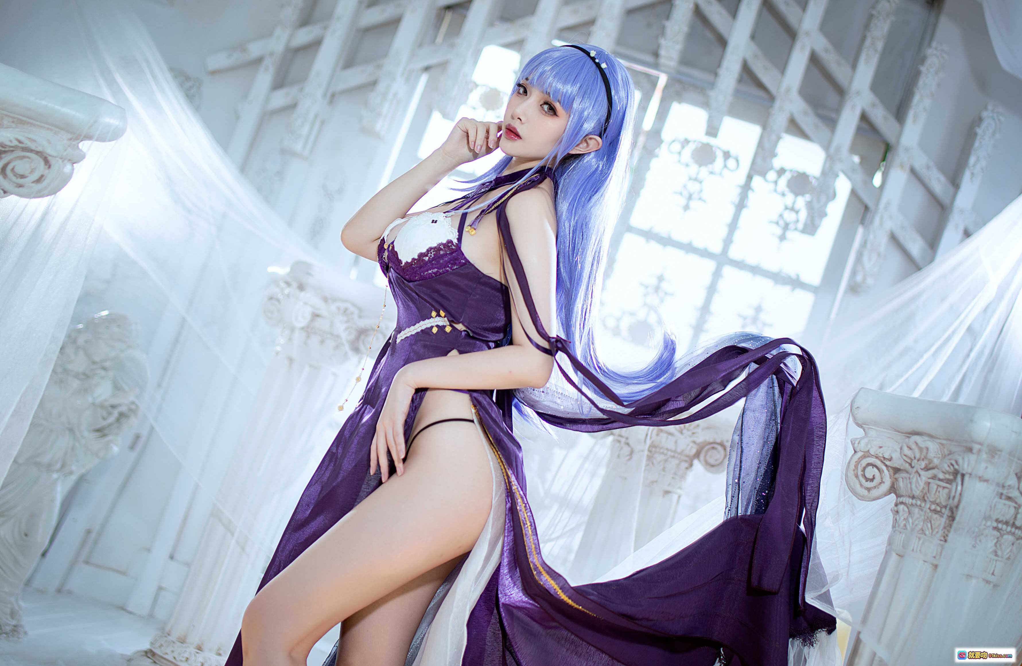 图片[8] - 雯妹不讲道理NO.063碧蓝航线黛朵COS写真 2021年1月紫色系性感蕾丝吊带裙精灵耳造型室内唯美拍摄 - 就要吻