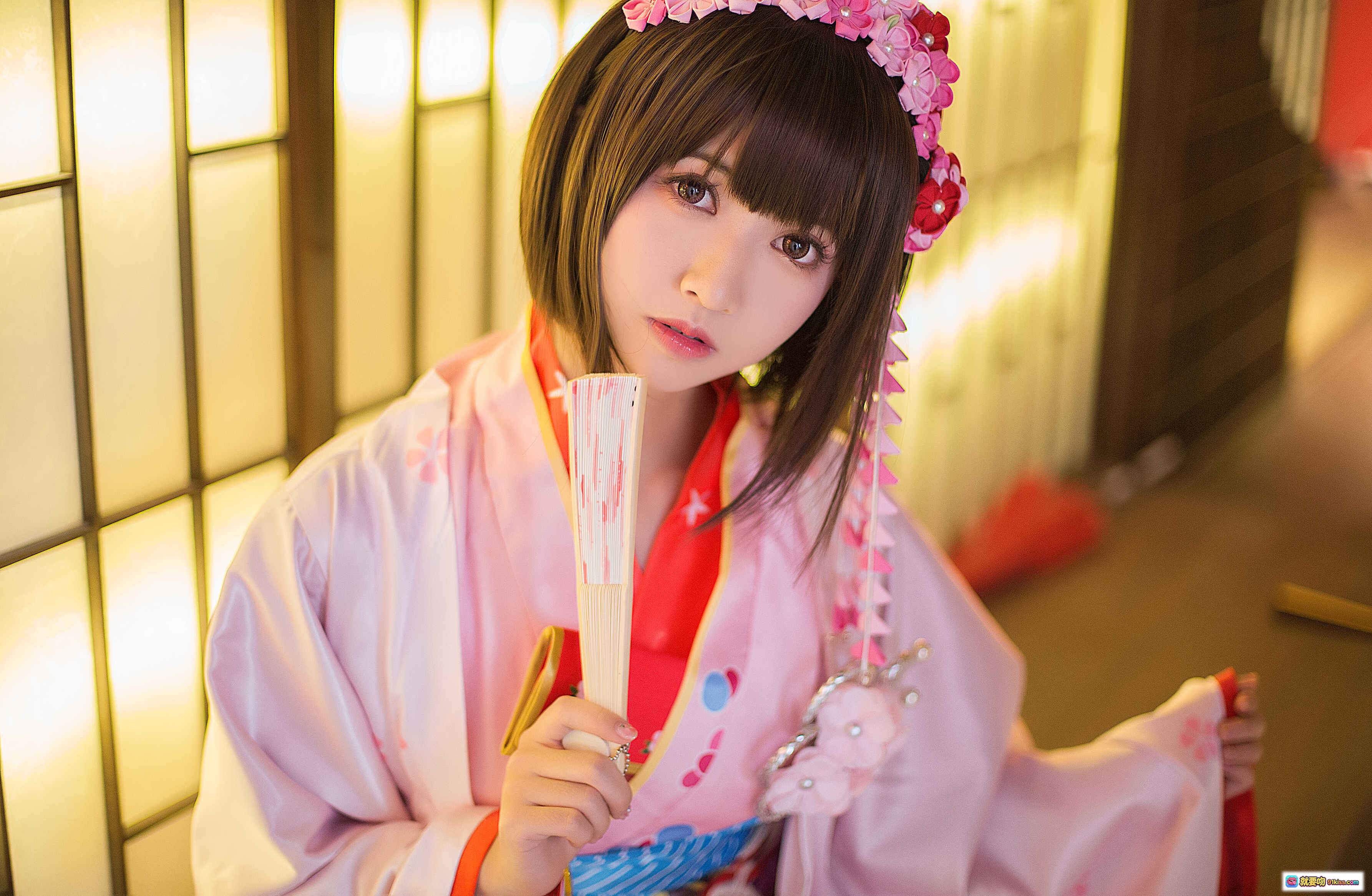 图片[9] - 鳗鱼霏儿NO.055圣人惠和服写真·日系美少女·粉色樱花和风·传统浴衣造型·室内和室场景·精致发饰与团扇·高清12P摄影集 - 就要吻