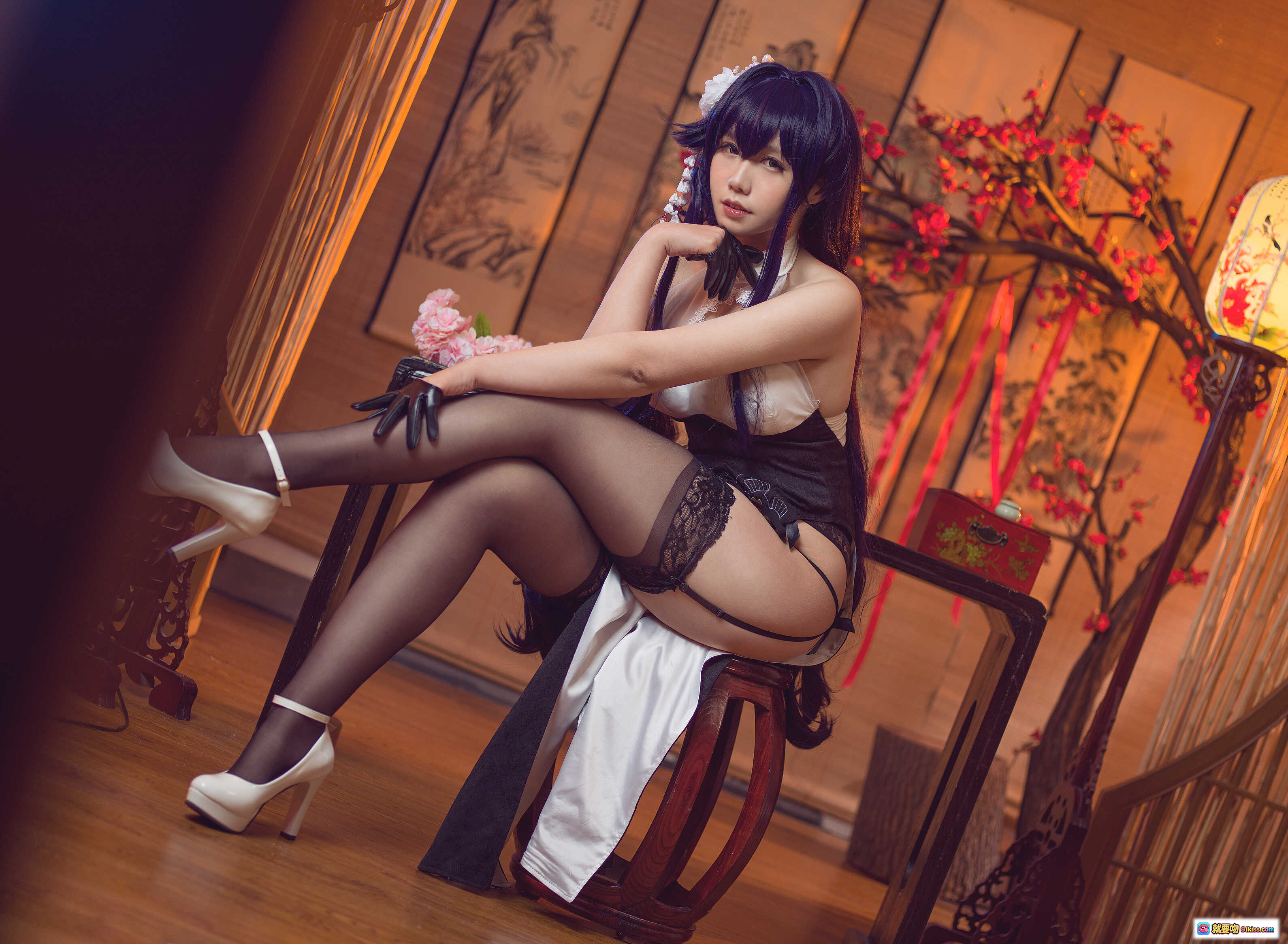 图片[1] - 麻花酱NO.007吾妻旗袍写真｜黑丝高跟蕾丝内衣日系古风美少女Cosplay摄影集30P - 就要吻