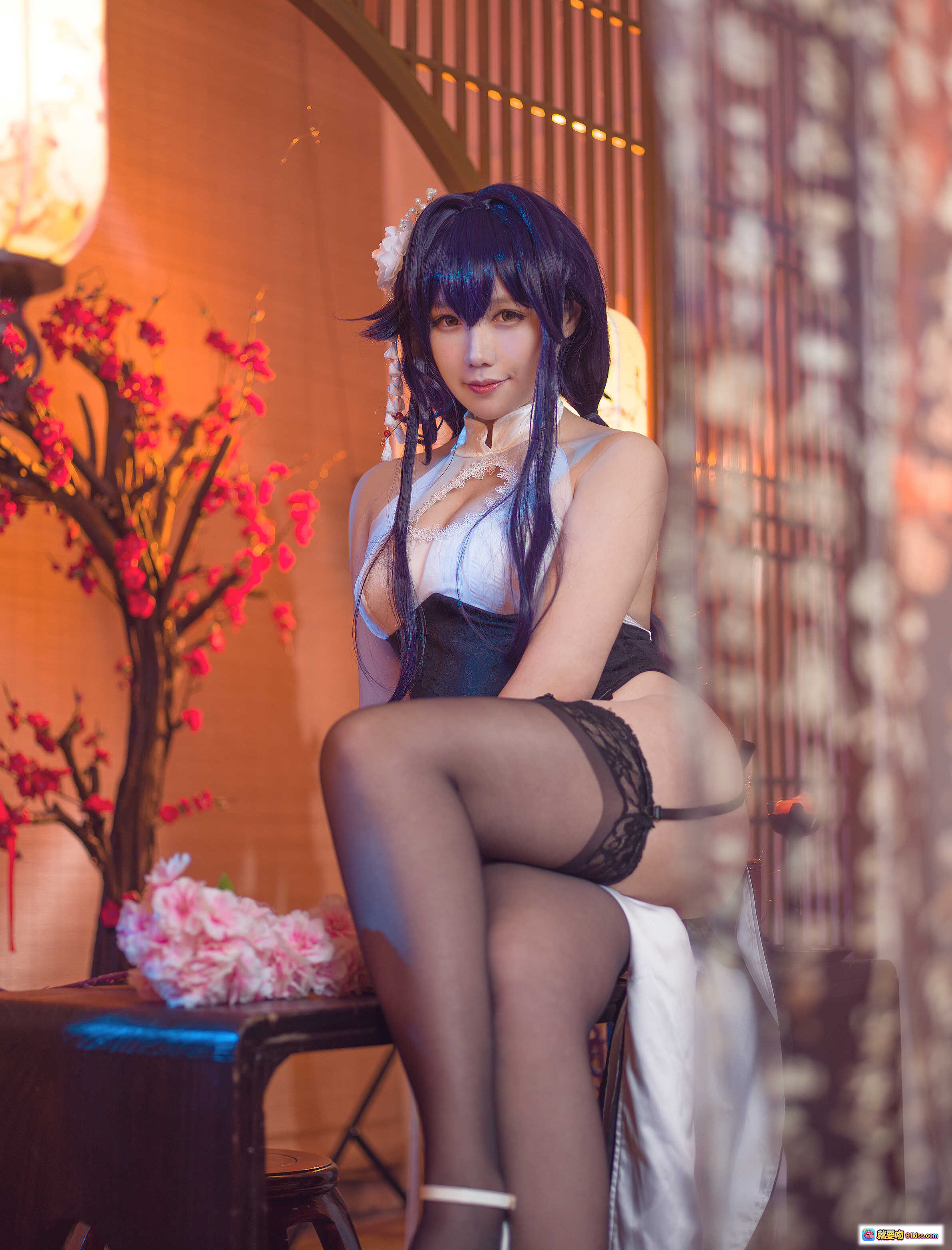 图片[2] - 麻花酱NO.007吾妻旗袍写真｜黑丝高跟蕾丝内衣日系古风美少女Cosplay摄影集30P - 就要吻