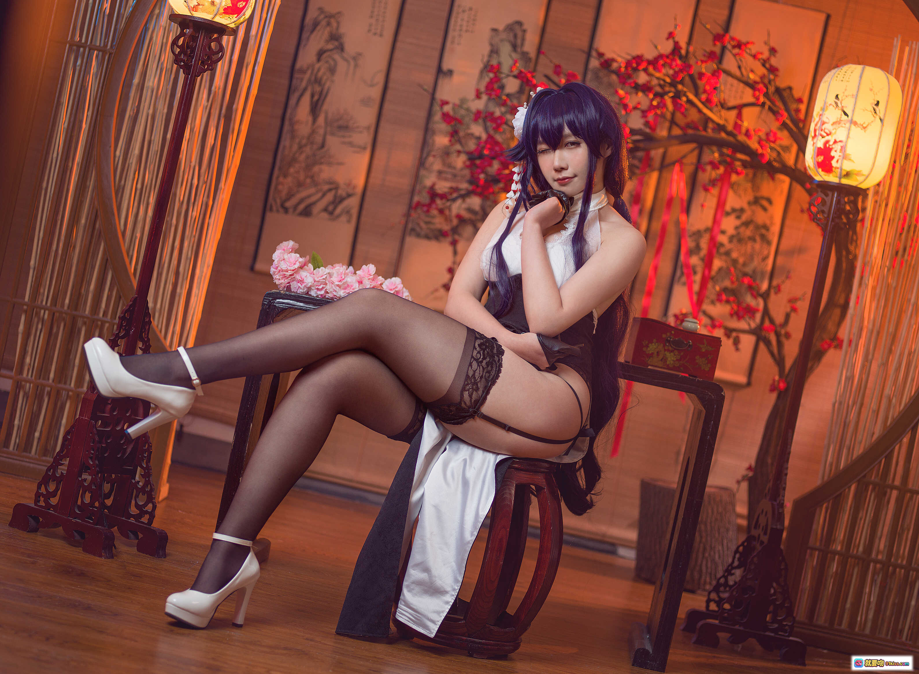 图片[5] - 麻花酱NO.007吾妻旗袍写真｜黑丝高跟蕾丝内衣日系古风美少女Cosplay摄影集30P - 就要吻