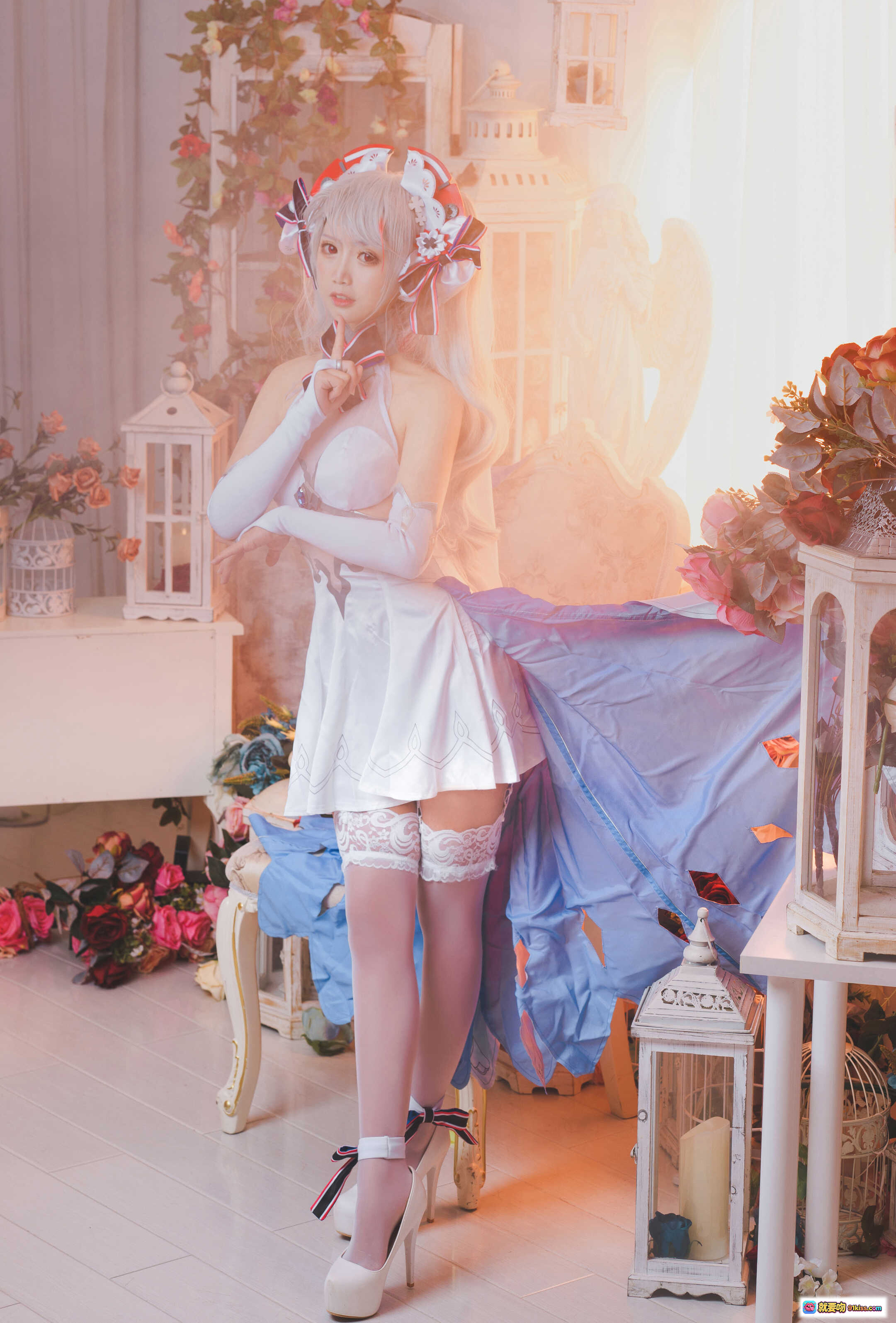 图片[4] - 面饼仙儿NO.054欧根花嫁Cosplay写真 | 白发女仆装+蕾丝蝴蝶结+梦幻花环场景 | 22P高清美图 - 就要吻