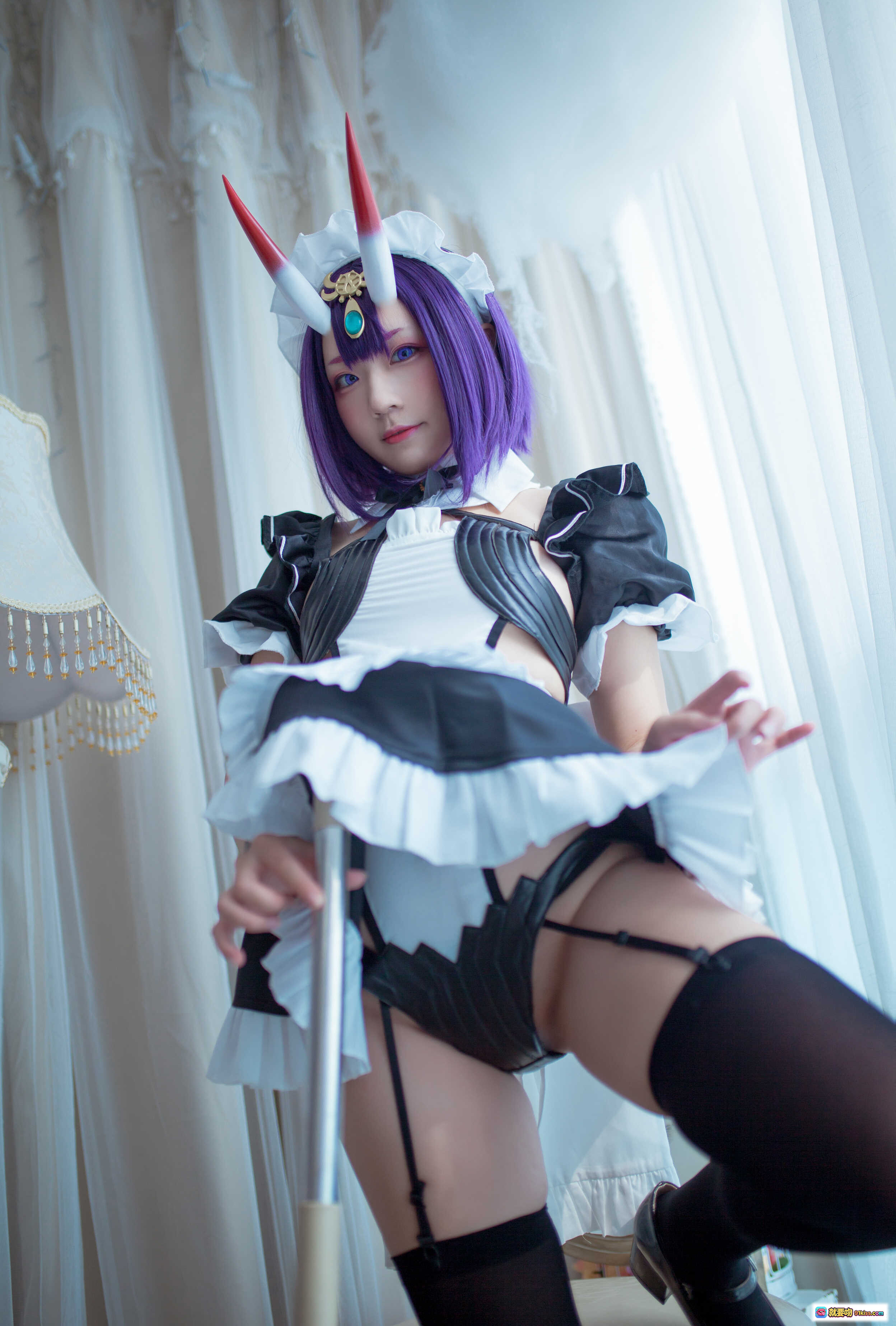 图片[8] - 弥美Mime NO.010 酒呑童子女仆装cosplay 紫发角饰黑丝吊带蕾丝裙室内写真17P - 就要吻