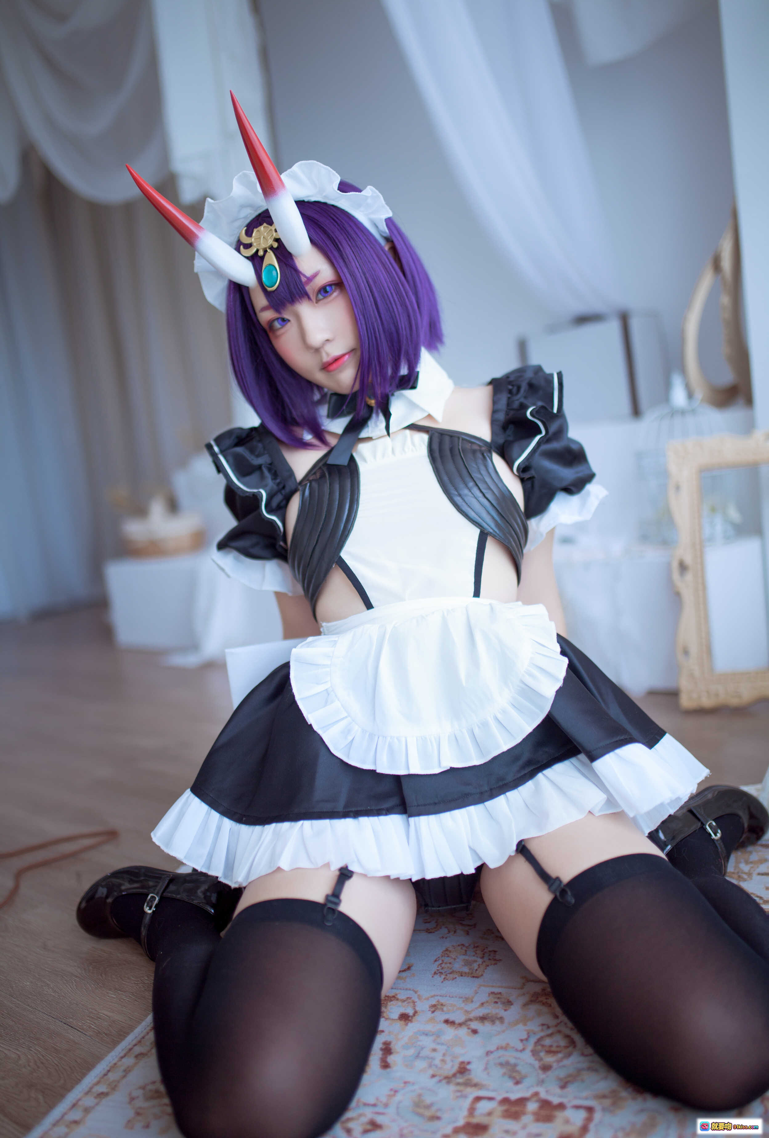 图片[3] - 弥美Mime NO.010 酒呑童子女仆装cosplay 紫发角饰黑丝吊带蕾丝裙室内写真17P - 就要吻