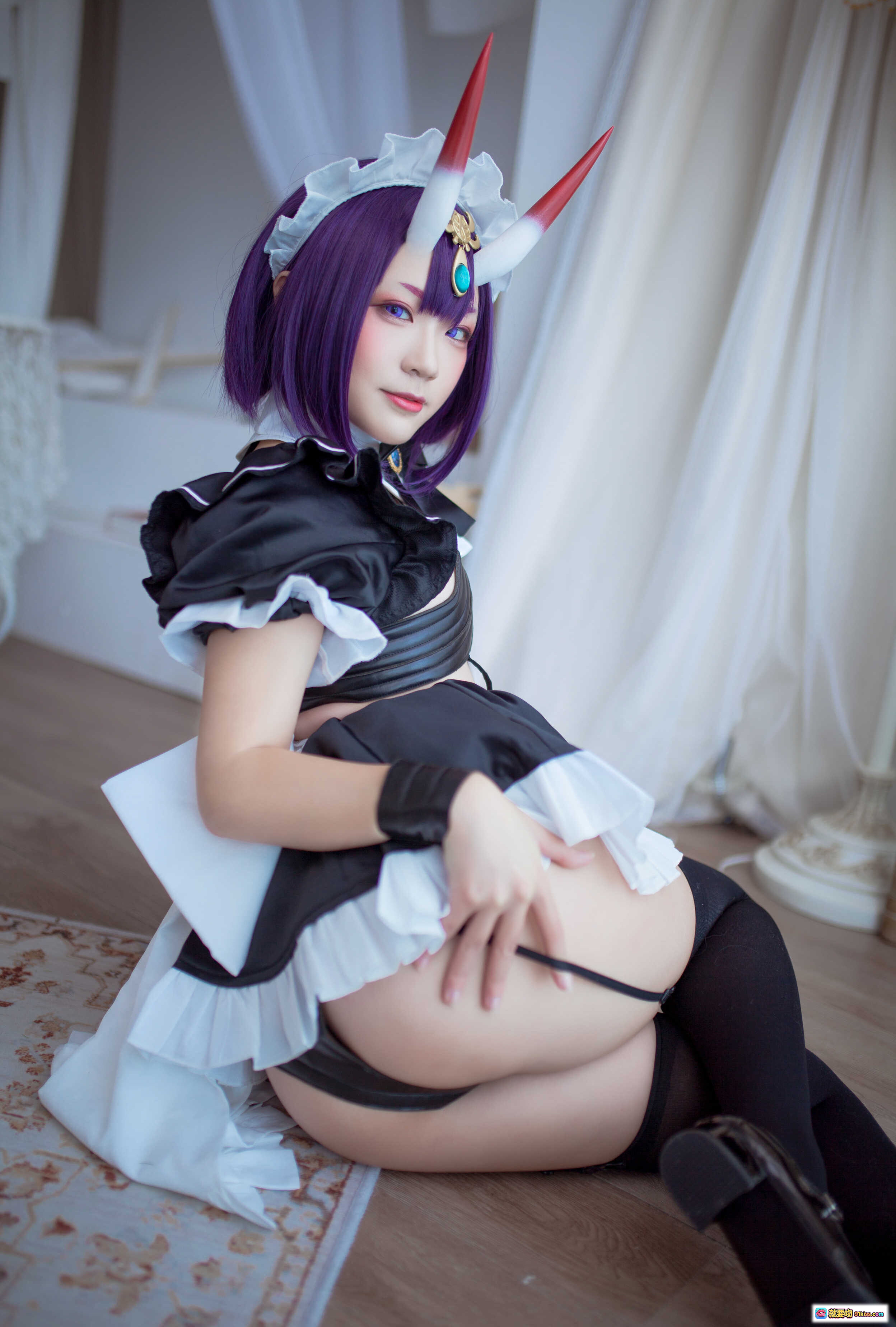 图片[10] - 弥美Mime NO.010 酒呑童子女仆装cosplay 紫发角饰黑丝吊带蕾丝裙室内写真17P - 就要吻