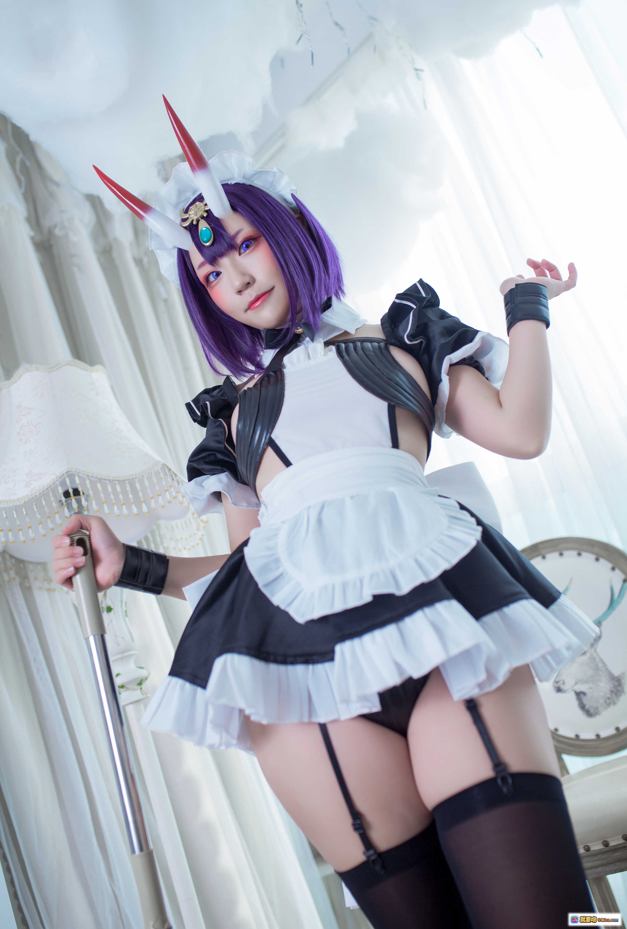 图片[6] - 弥美Mime NO.010 酒呑童子女仆装cosplay 紫发角饰黑丝吊带蕾丝裙室内写真17P - 就要吻