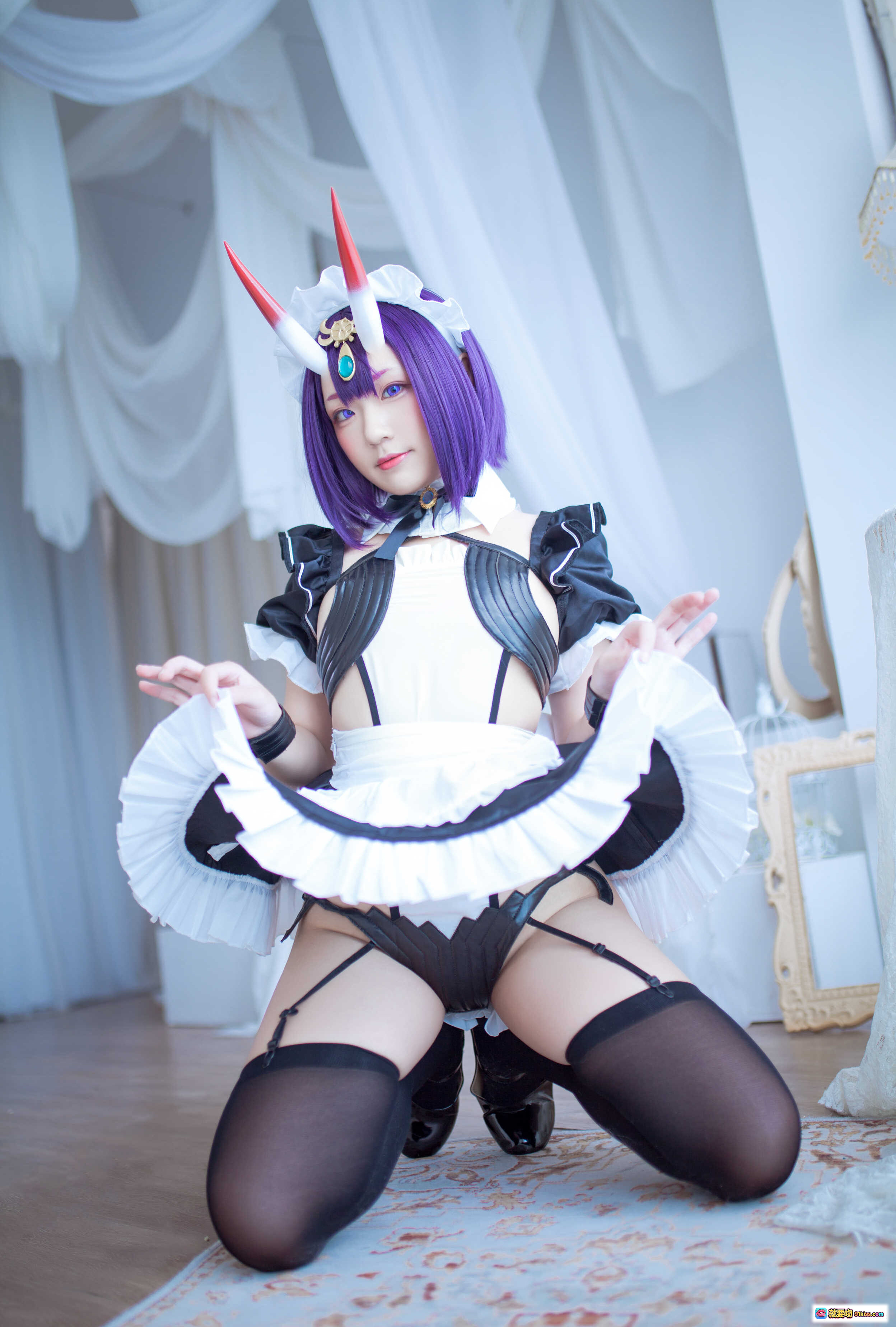 图片[2] - 弥美Mime NO.010 酒呑童子女仆装cosplay 紫发角饰黑丝吊带蕾丝裙室内写真17P - 就要吻