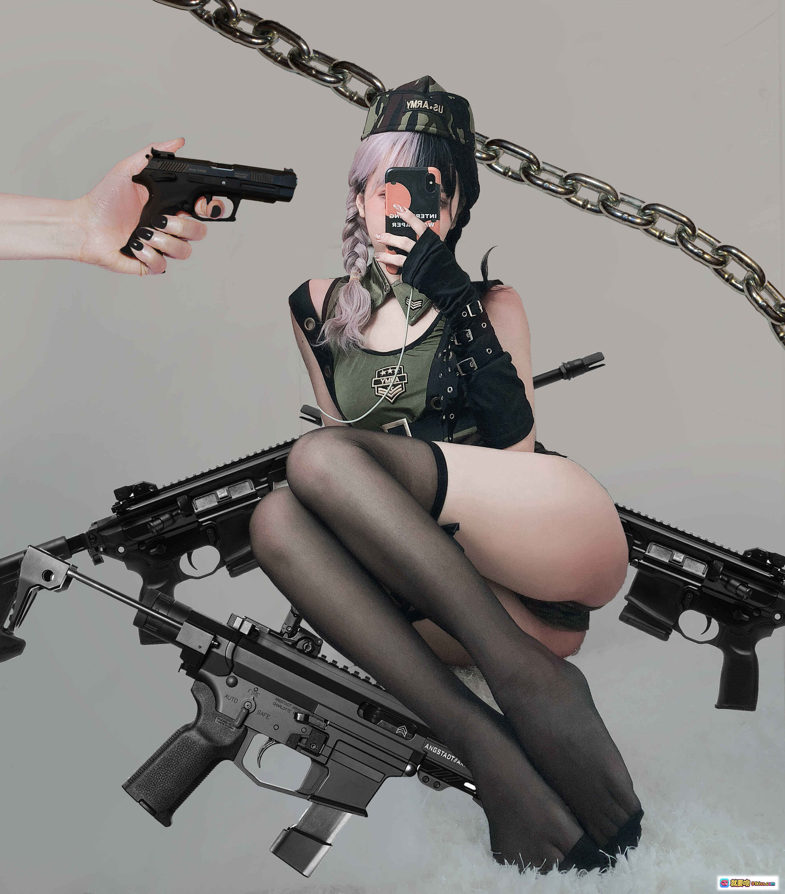 图片[7] - 果咩酱w NO.019 战地甜心写真 | 迷彩短裙+战术手套+仿真枪械 | 甜酷军事风美腿特写 - 就要吻