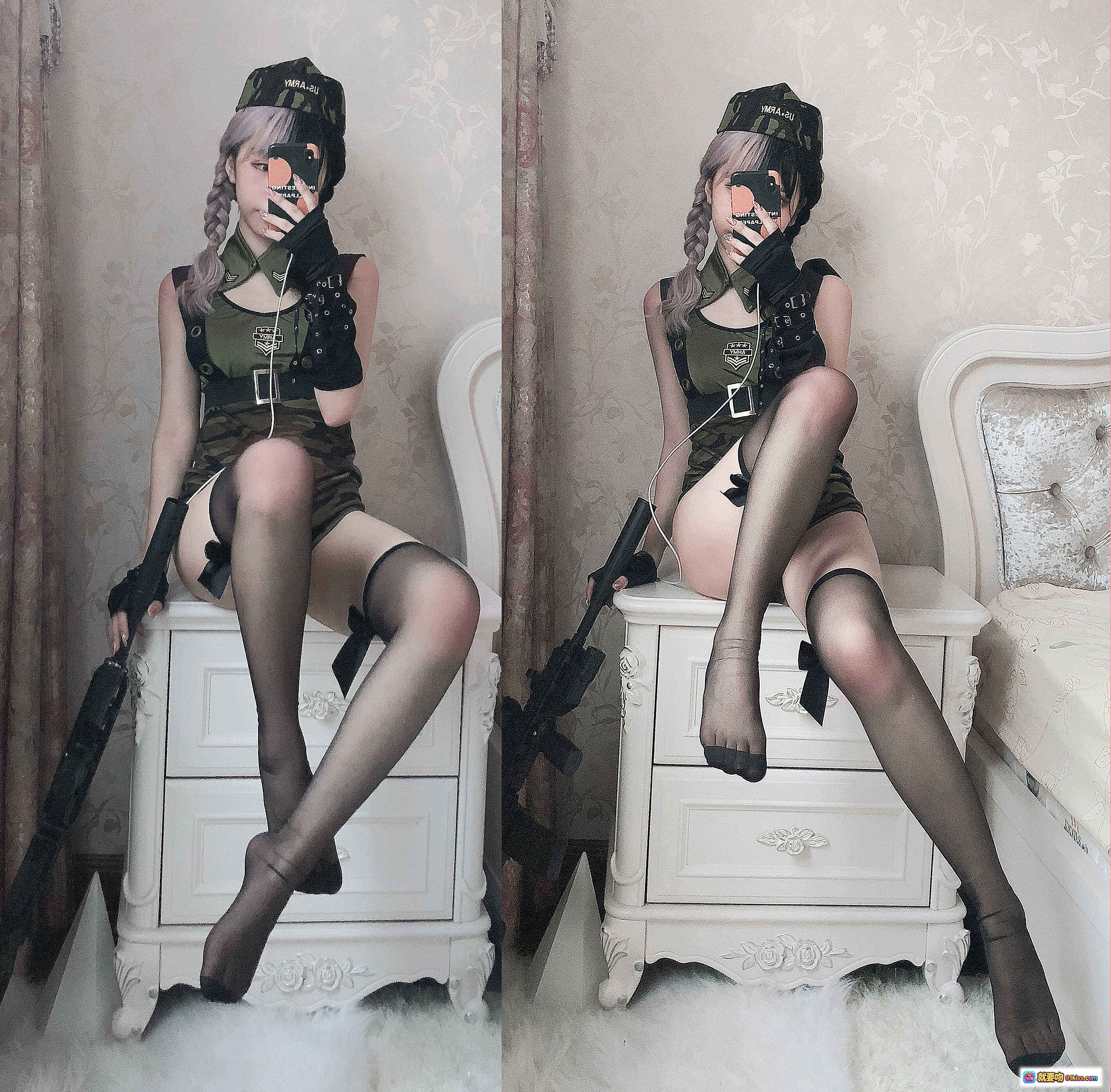 图片[8] - 果咩酱w NO.019 战地甜心写真 | 迷彩短裙+战术手套+仿真枪械 | 甜酷军事风美腿特写 - 就要吻