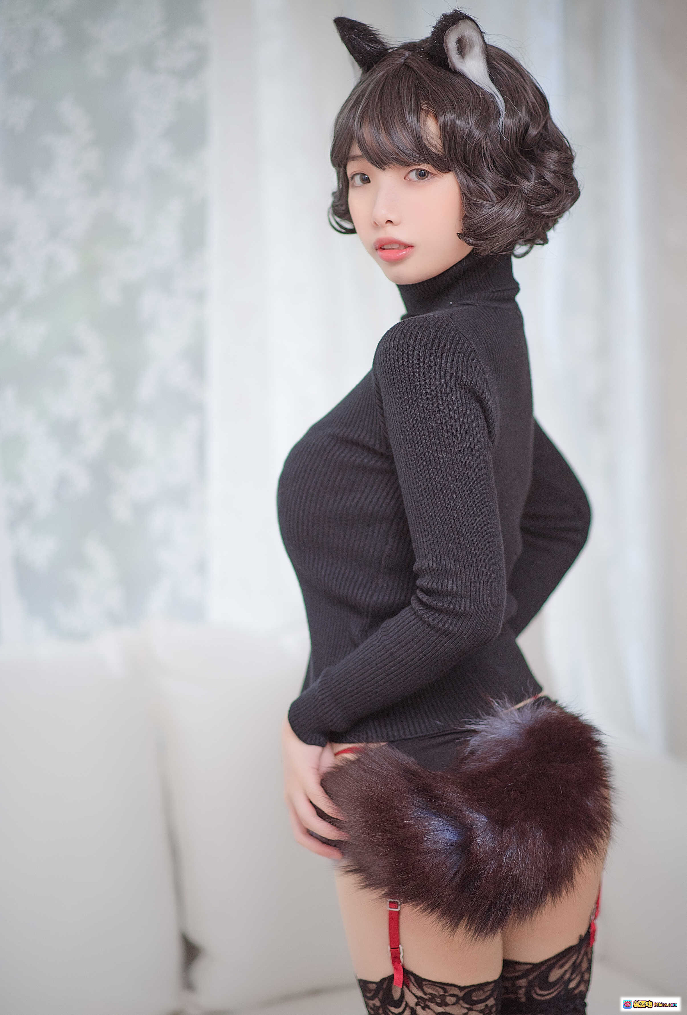 图片[2] - 雯妹不讲道理NO.012黑猫内衣写真 黑丝美腿蕾丝吊带猫耳眼镜少女私房摄影31P - 就要吻