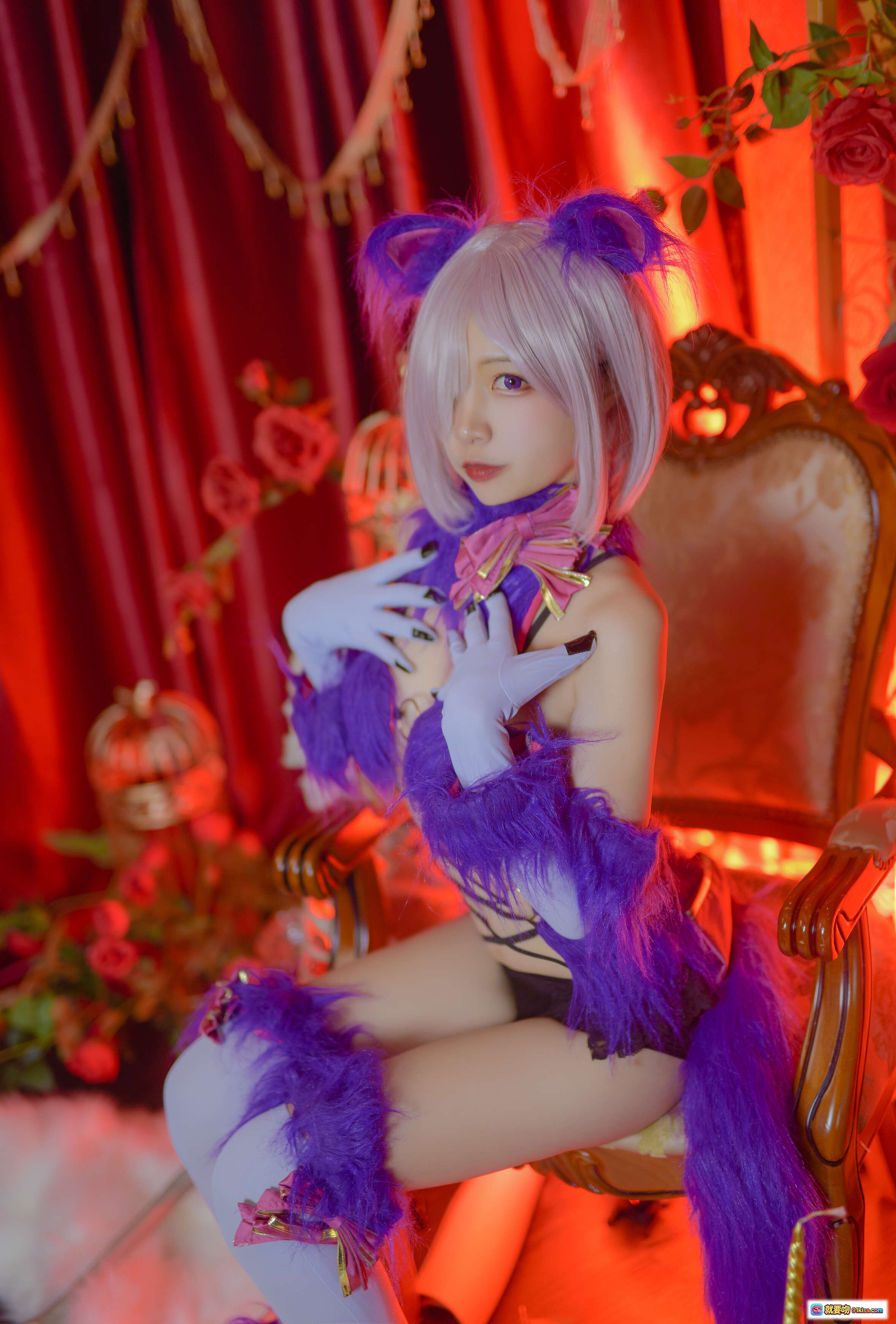 图片[6] - 二佐Nisa NO.003 Fate玛修万圣节cosplay 紫色毛绒猫耳装 白发少女 暗黑系性感写真 红幕玫瑰背景 欧式复古风 23P高清图集 - 就要吻