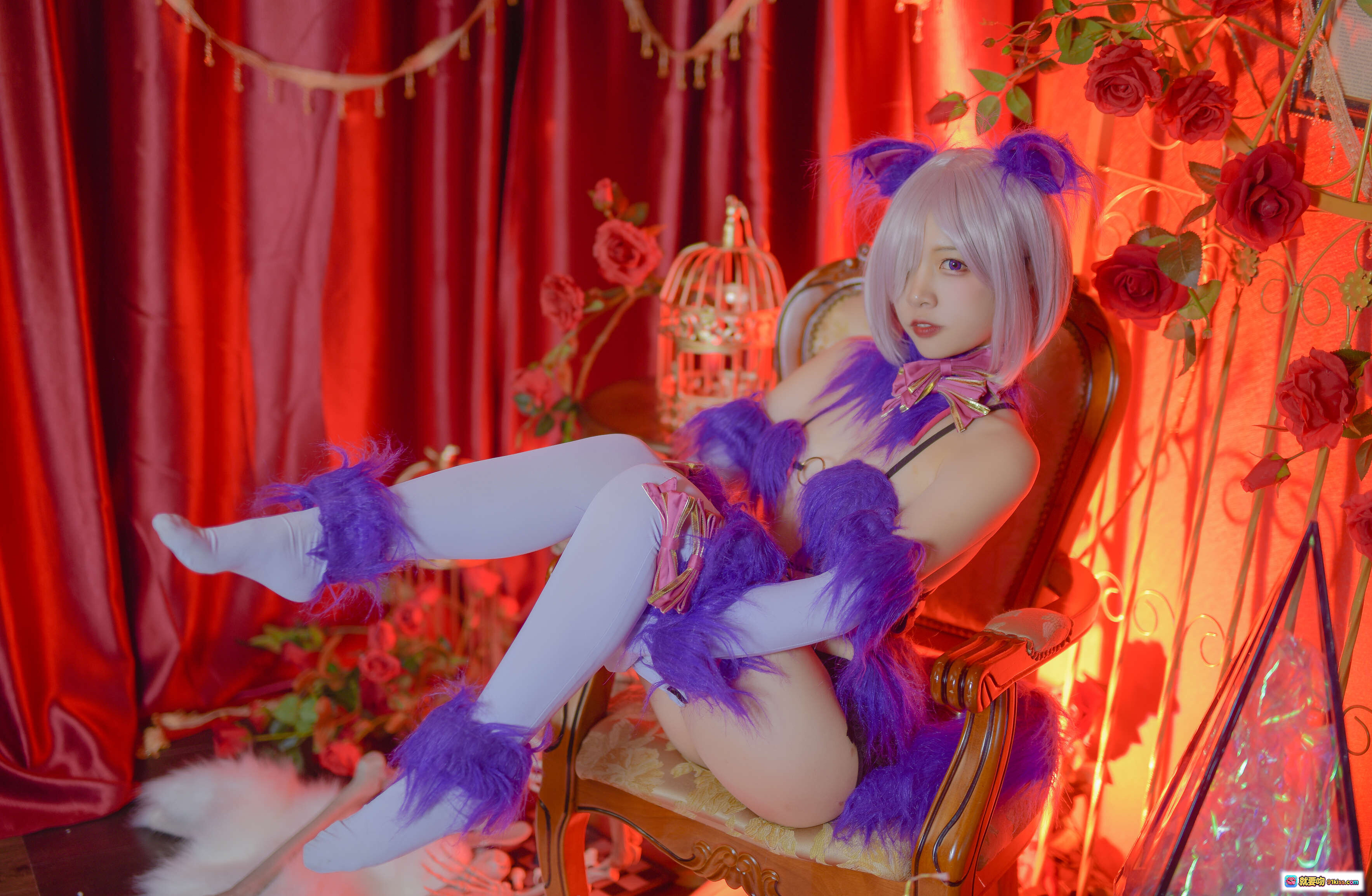 图片[5] - 二佐Nisa NO.003 Fate玛修万圣节cosplay 紫色毛绒猫耳装 白发少女 暗黑系性感写真 红幕玫瑰背景 欧式复古风 23P高清图集 - 就要吻