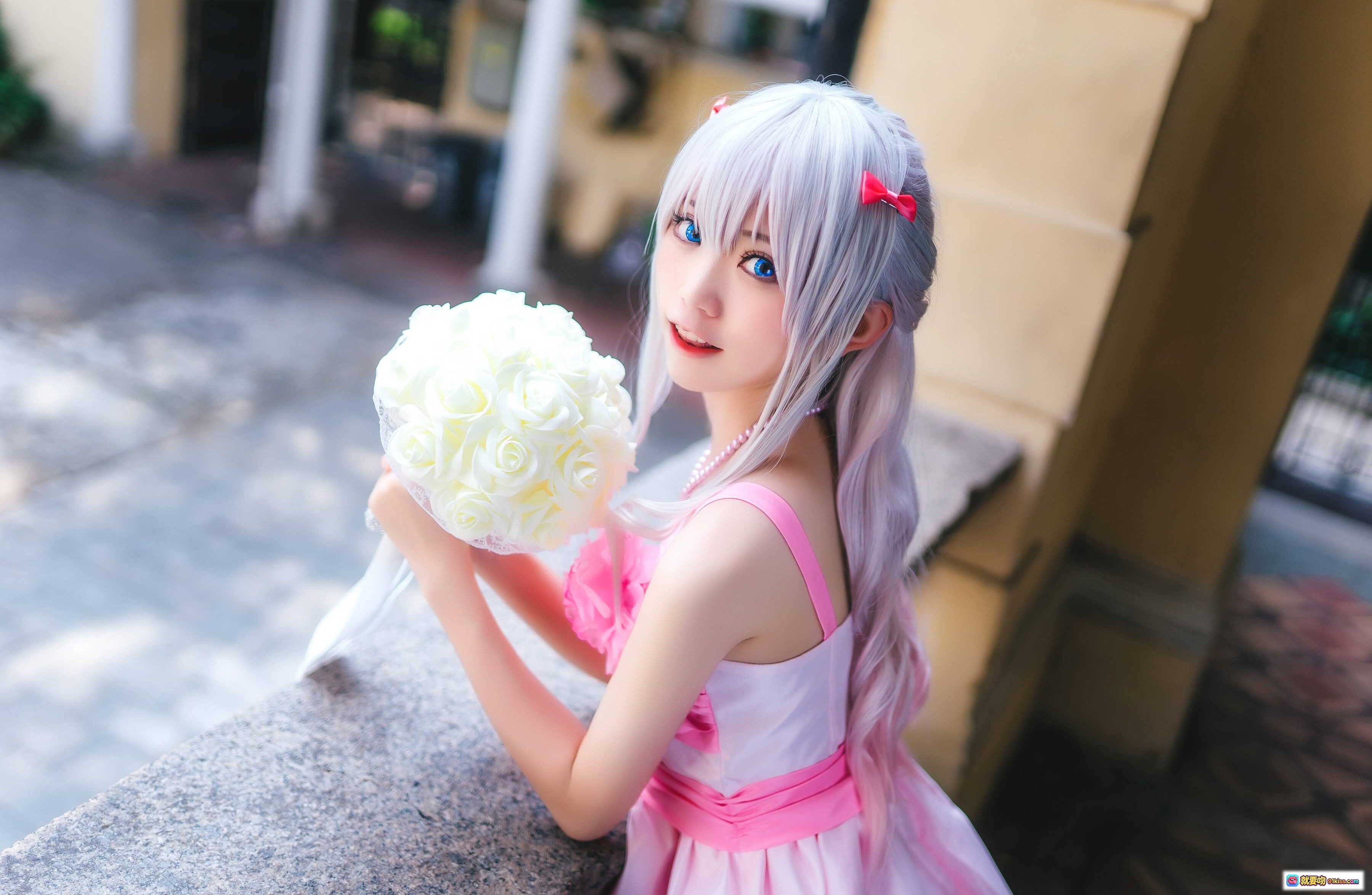 图片[4] - 和泉纱雾cosplay写真 | 粉色连衣裙白发蓝瞳少女 | 户外绿植背景清新自然 | Kitaro绮太郎NO.088作品 - 就要吻
