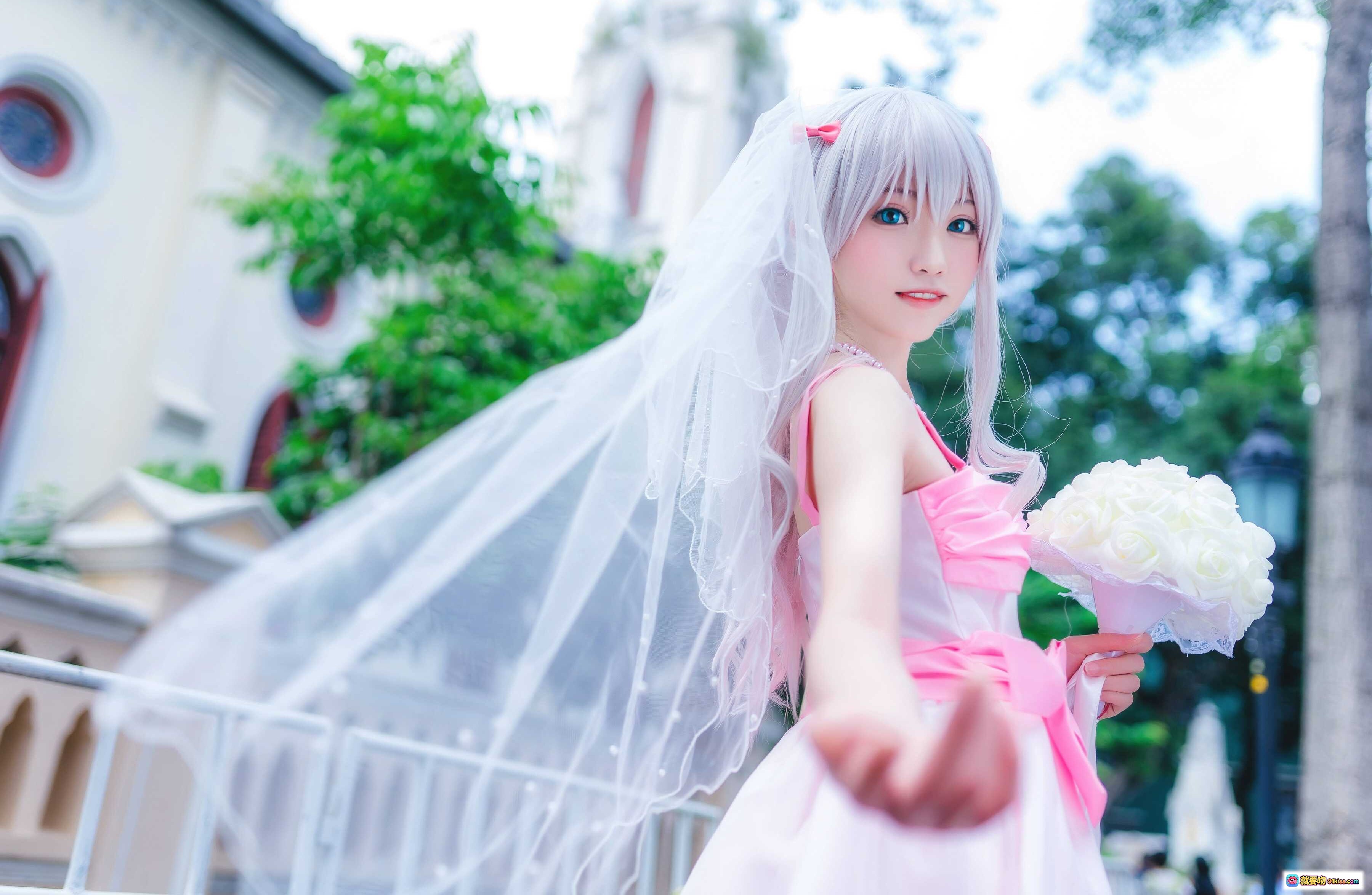图片[10] - 和泉纱雾cosplay写真 | 粉色连衣裙白发蓝瞳少女 | 户外绿植背景清新自然 | Kitaro绮太郎NO.088作品 - 就要吻