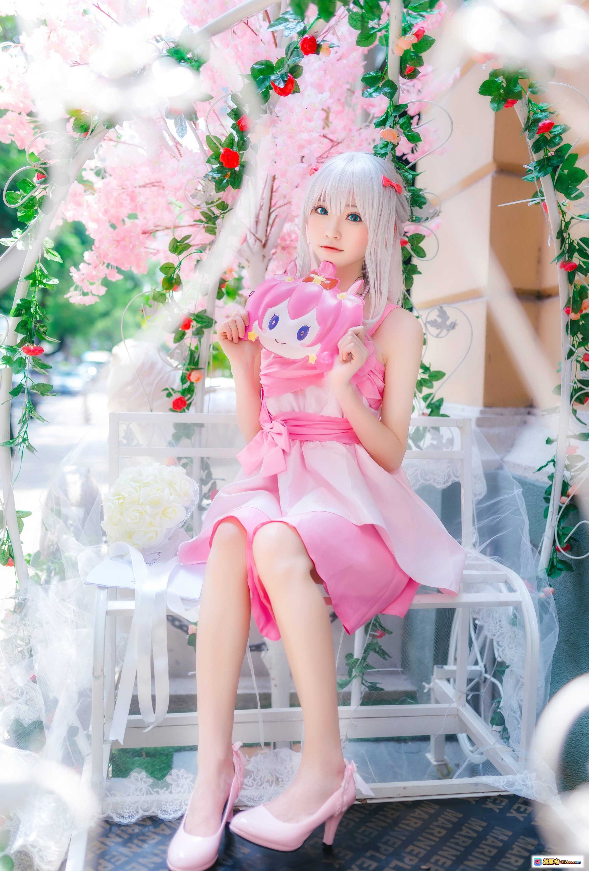 图片[6] - 和泉纱雾cosplay写真 | 粉色连衣裙白发蓝瞳少女 | 户外绿植背景清新自然 | Kitaro绮太郎NO.088作品 - 就要吻