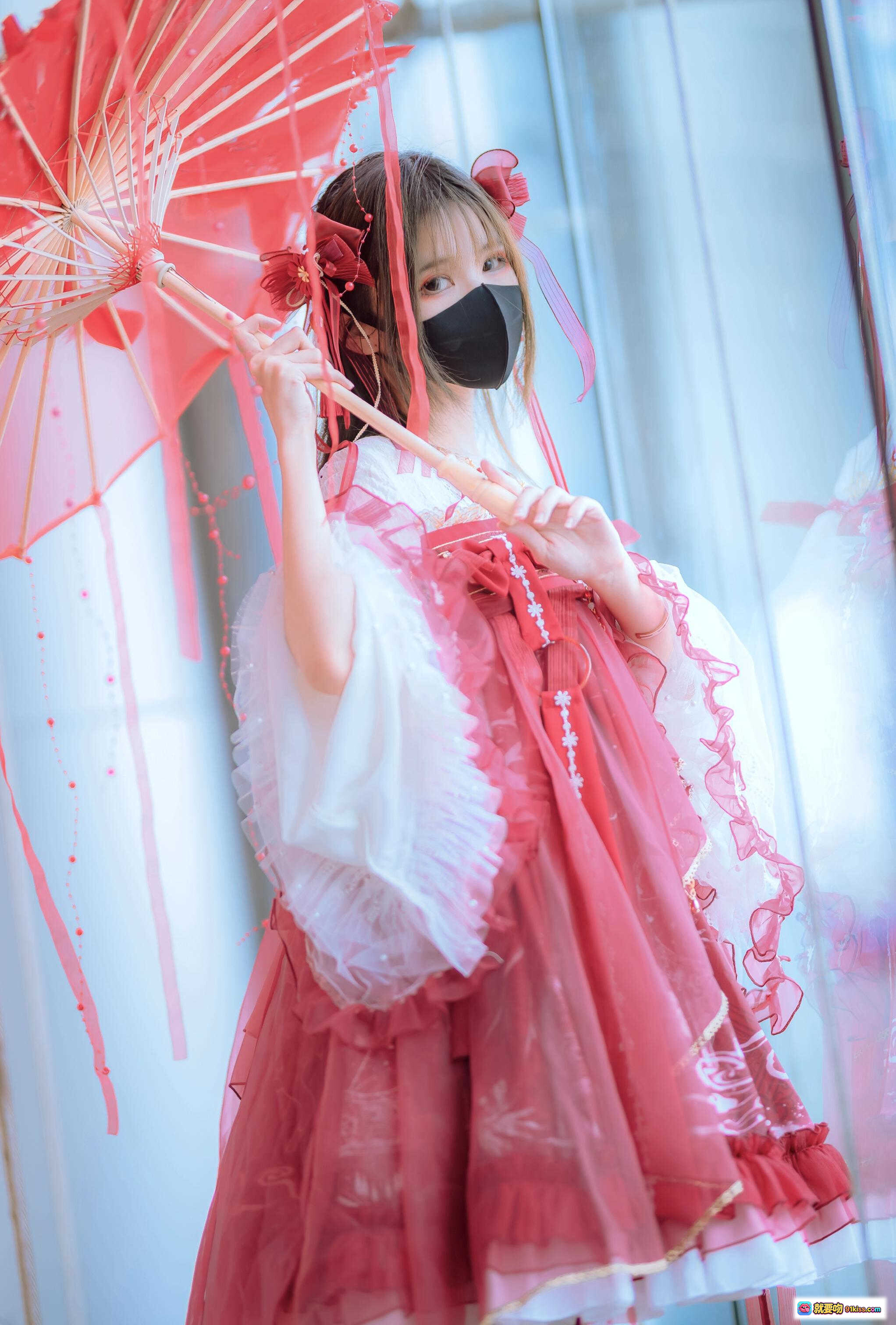 图片[4] - 妖君白研NO.17 LOLITA装扮—屿鹿共生 红色和风伞装 洛丽塔少女写真 甜美复古风 持伞比耶造型 二次元Cosplay摄影 - 就要吻