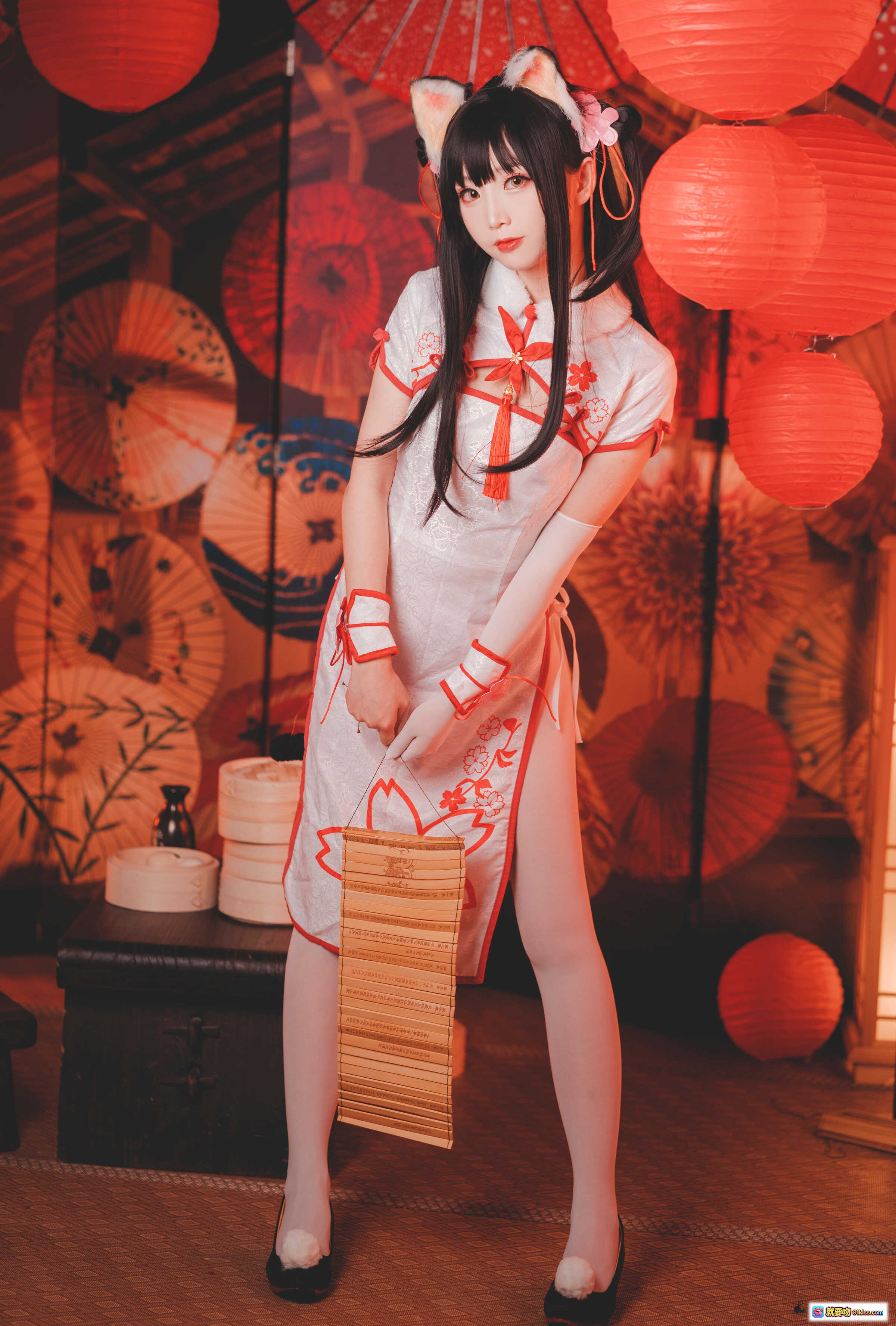 图片[3] - 面饼仙儿NO.059夕暮和风写真·日式伞灯背景·旗袍猫耳少女·跪姿手持团扇·16P高清图集 - 就要吻