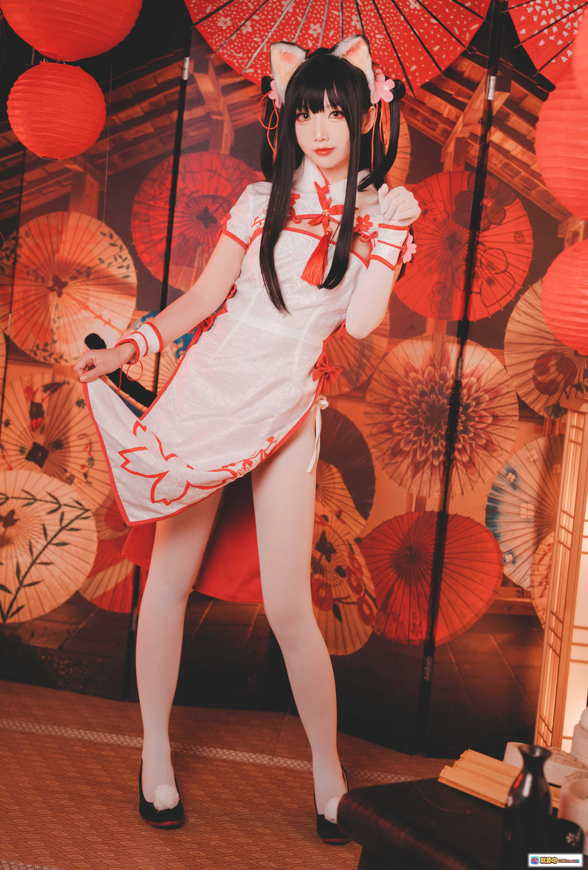 图片[6] - 面饼仙儿NO.059夕暮和风写真·日式伞灯背景·旗袍猫耳少女·跪姿手持团扇·16P高清图集 - 就要吻