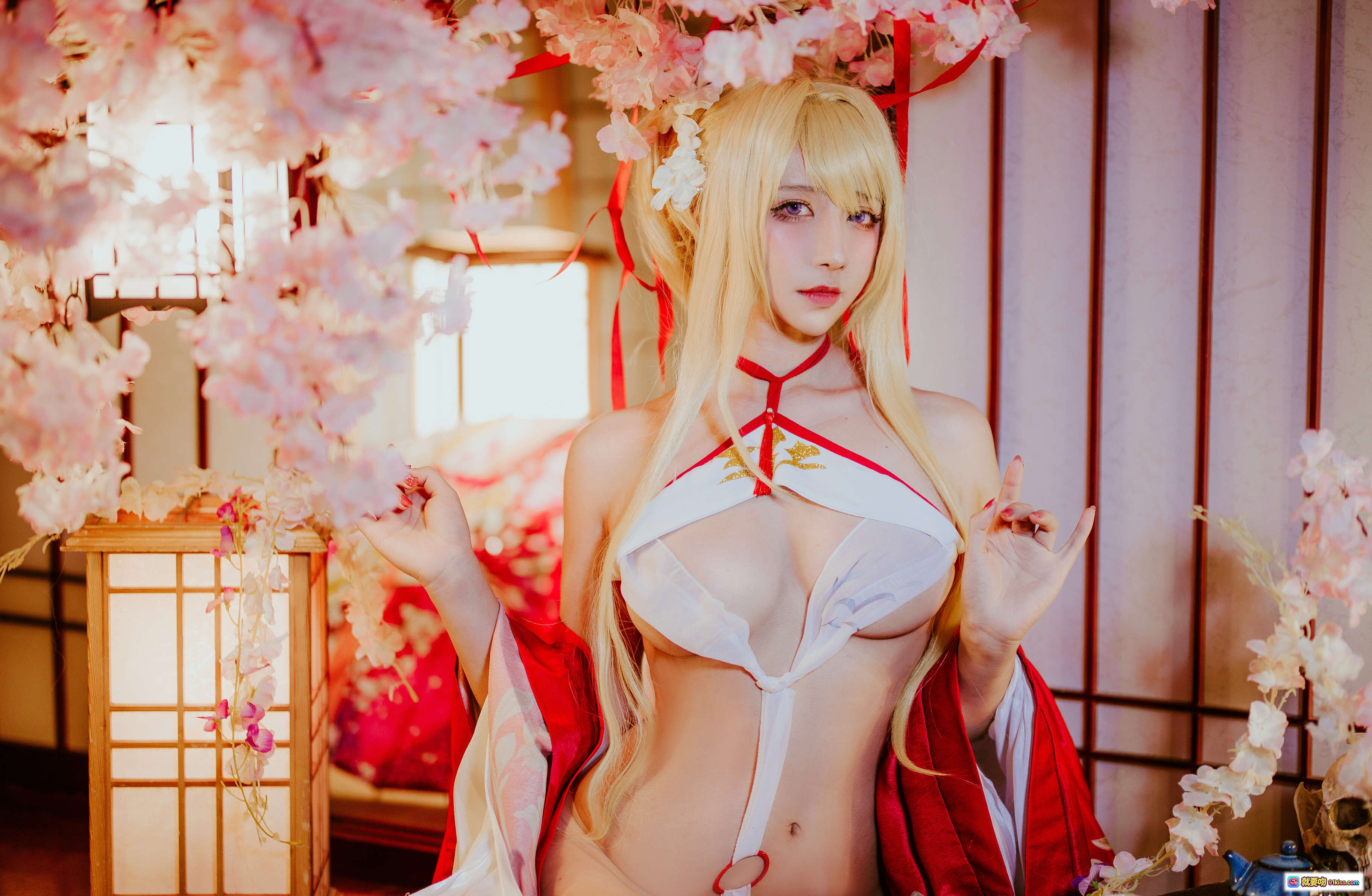 图片[3] - 九曲Jean NO.042 光荣新春和服Cosplay 金发少女 樱花背景 红白和风服饰 精致妆容 日系写真 18P高清图集 - 就要吻