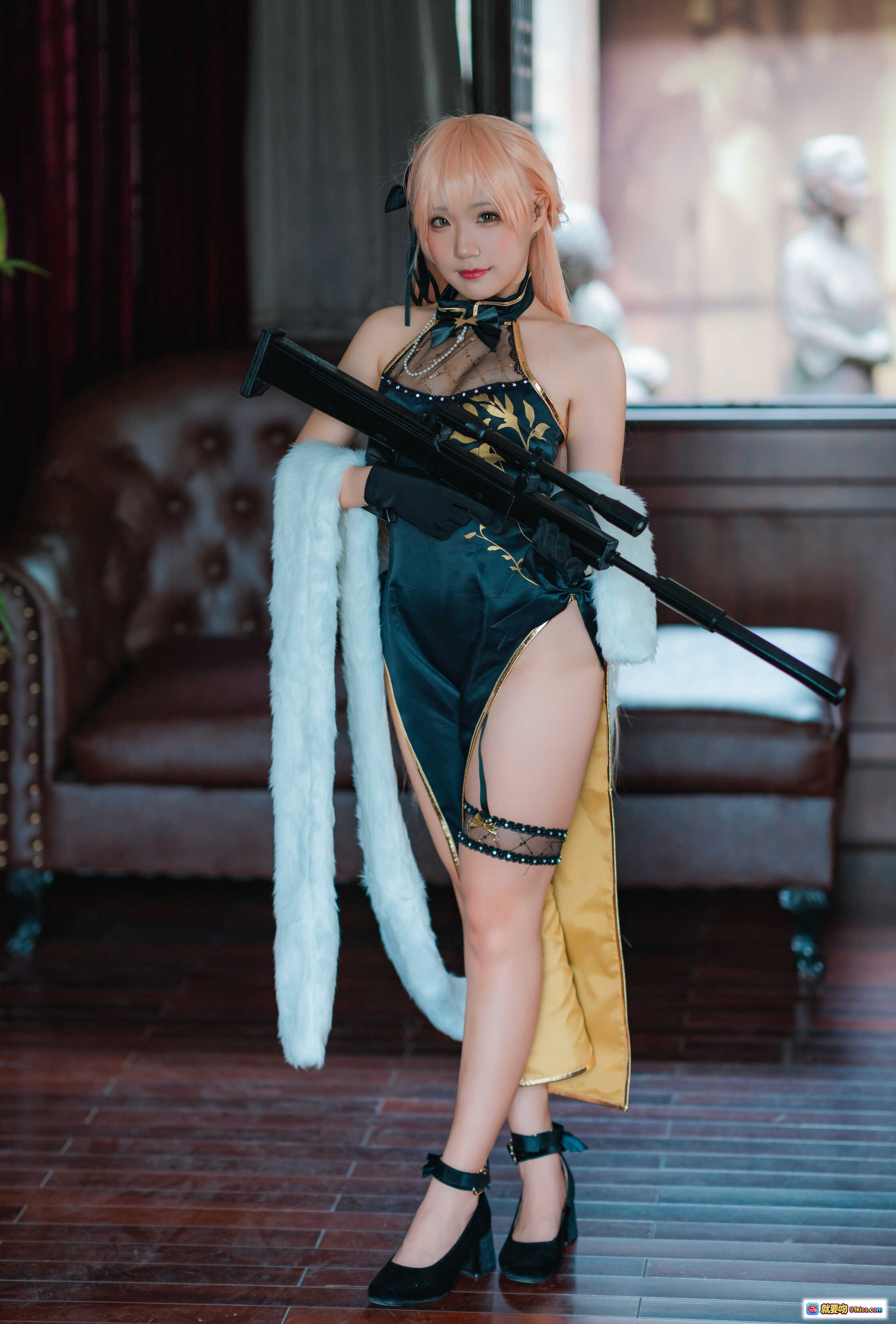 图片[8] - 弥美Mime NO.016 少女前线OTS-14紫雨心cosplay写真 黑金蕾丝旗袍 持枪少女 粉发蝴蝶结 21P高清图集 - 就要吻