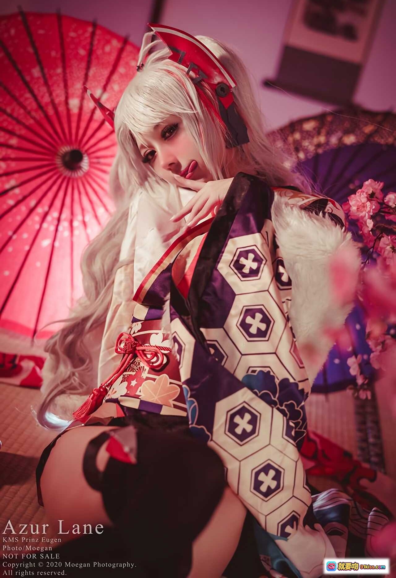图片[2] - Azur Lane KMS Prinz Eugen 百花繚乱ver Cosplay 和风和服写真 红伞白发猫耳日系美少女摄影 - 就要吻
