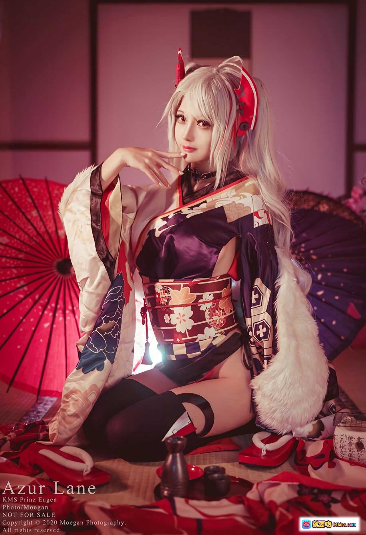 图片[1] - Azur Lane KMS Prinz Eugen 百花繚乱ver Cosplay 和风和服写真 红伞白发猫耳日系美少女摄影 - 就要吻