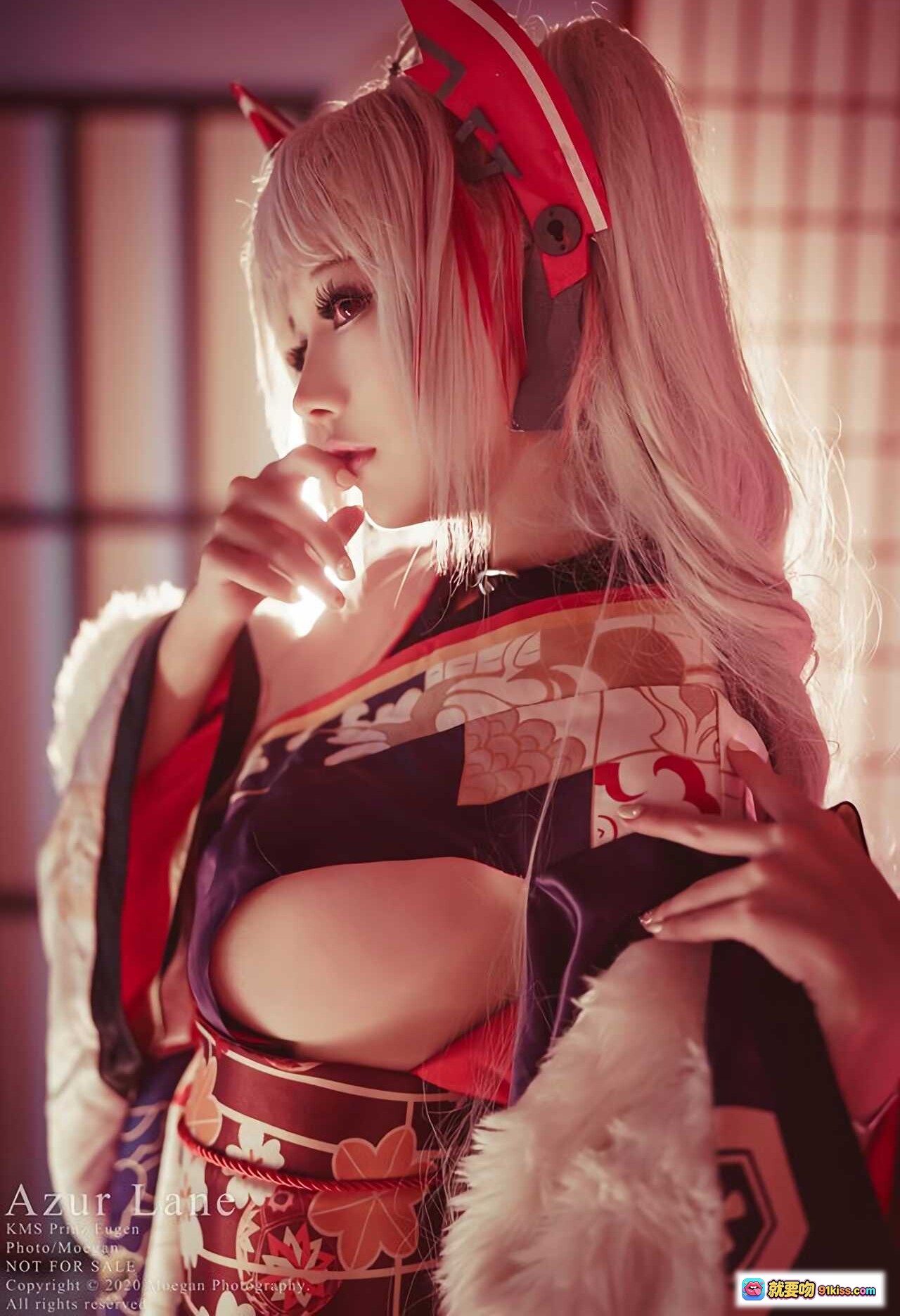 图片[3] - Azur Lane KMS Prinz Eugen 百花繚乱ver Cosplay 和风和服写真 红伞白发猫耳日系美少女摄影 - 就要吻