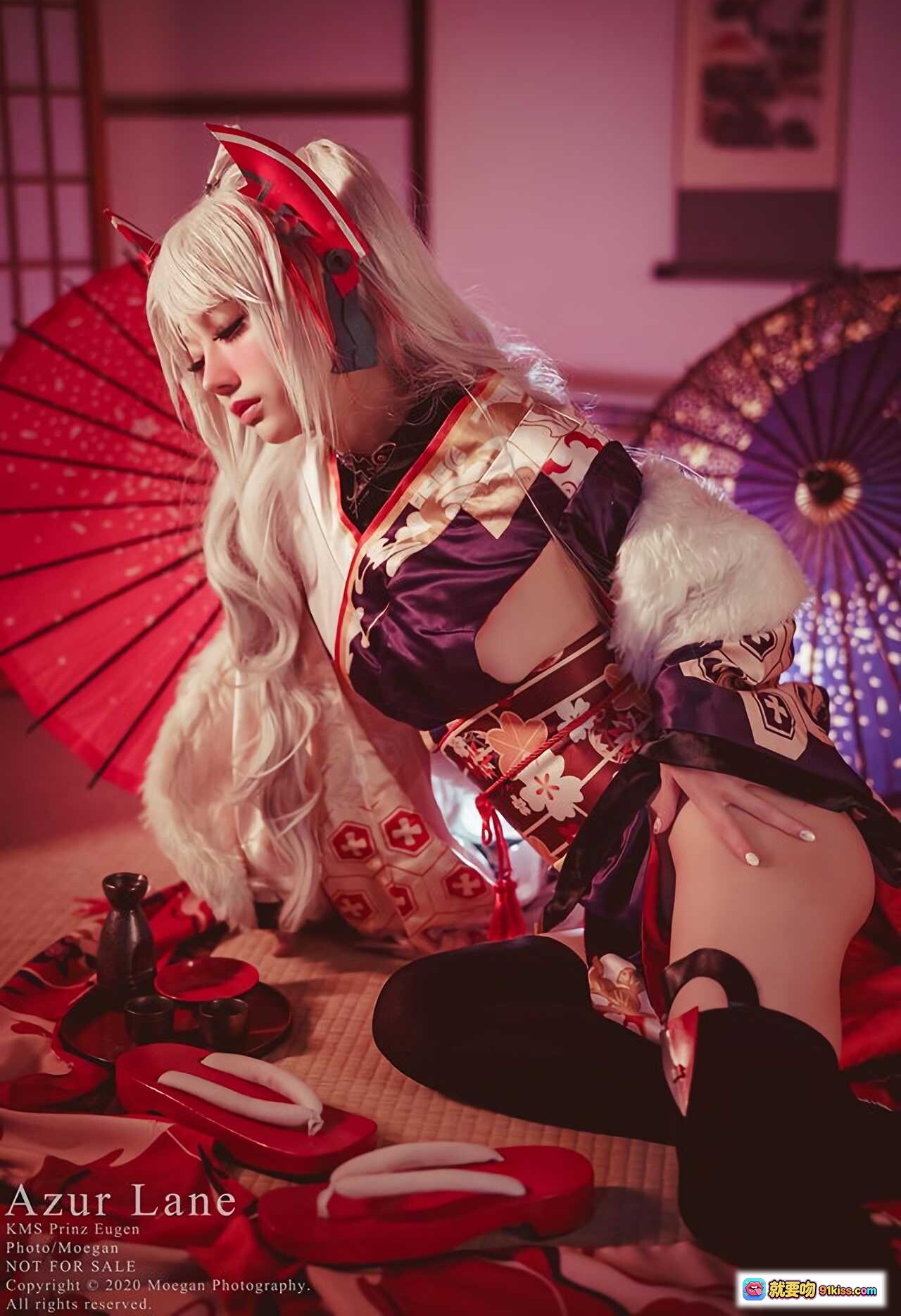 图片[4] - Azur Lane KMS Prinz Eugen 百花繚乱ver Cosplay 和风和服写真 红伞白发猫耳日系美少女摄影 - 就要吻