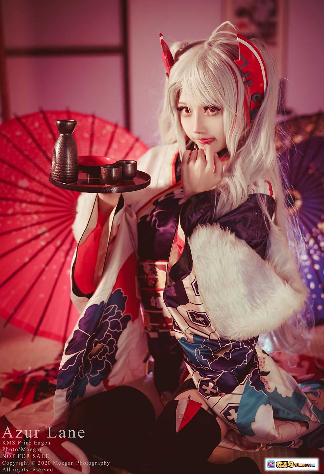 图片[7] - Azur Lane KMS Prinz Eugen 百花繚乱ver Cosplay 和风和服写真 红伞白发猫耳日系美少女摄影 - 就要吻