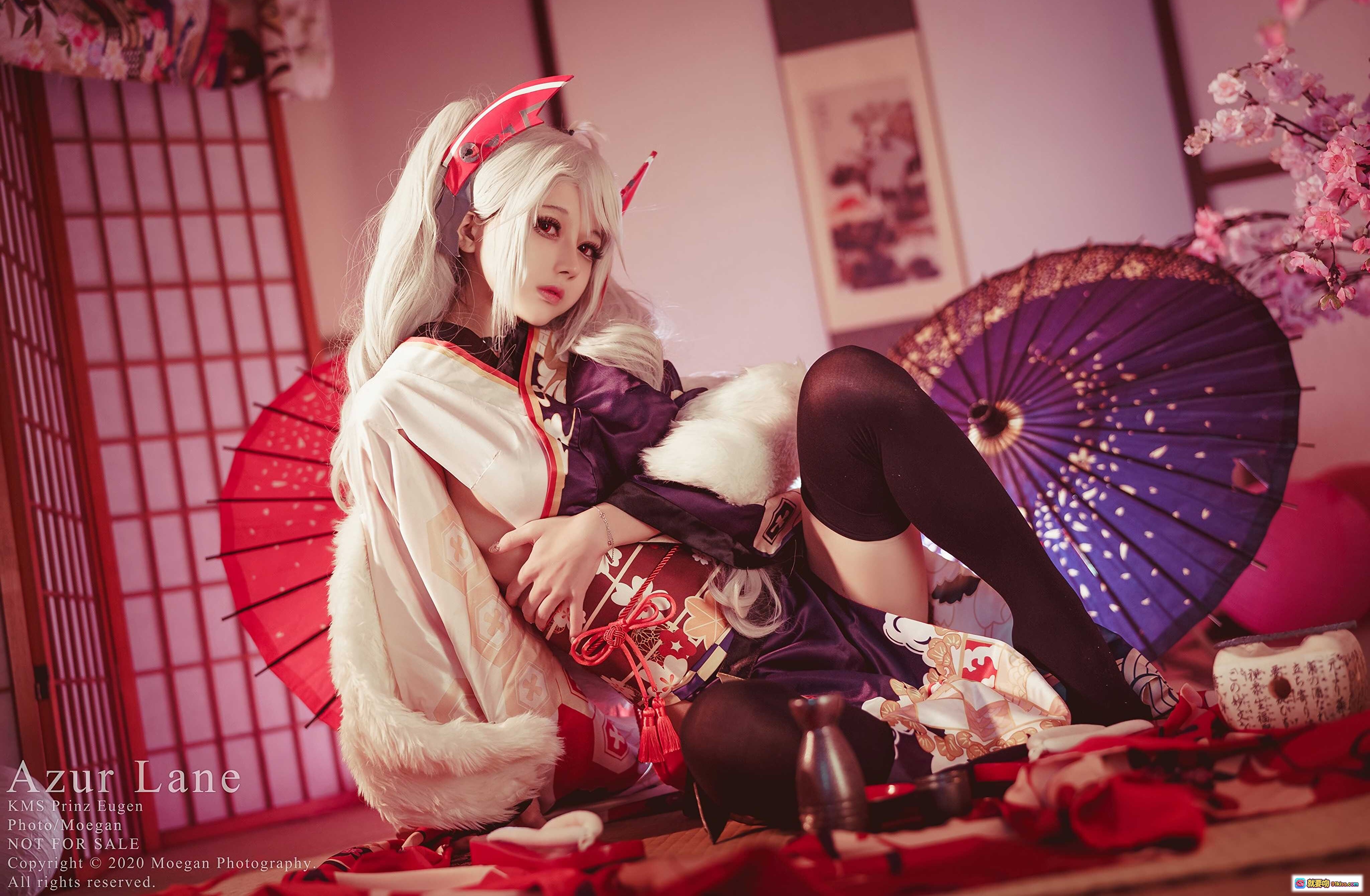 图片[10] - Azur Lane KMS Prinz Eugen 百花繚乱ver Cosplay 和风和服写真 红伞白发猫耳日系美少女摄影 - 就要吻