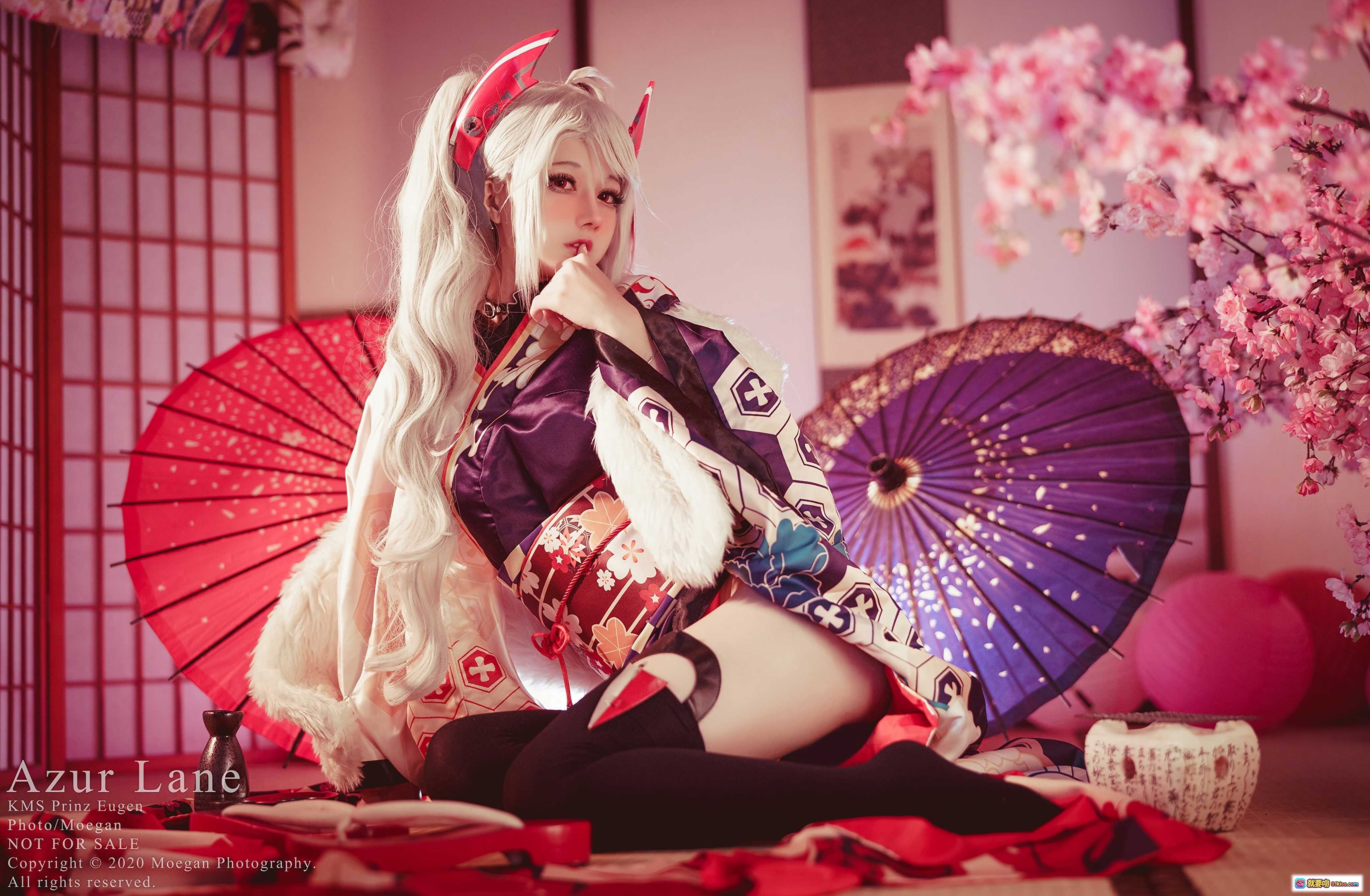 图片[6] - Azur Lane KMS Prinz Eugen 百花繚乱ver Cosplay 和风和服写真 红伞白发猫耳日系美少女摄影 - 就要吻