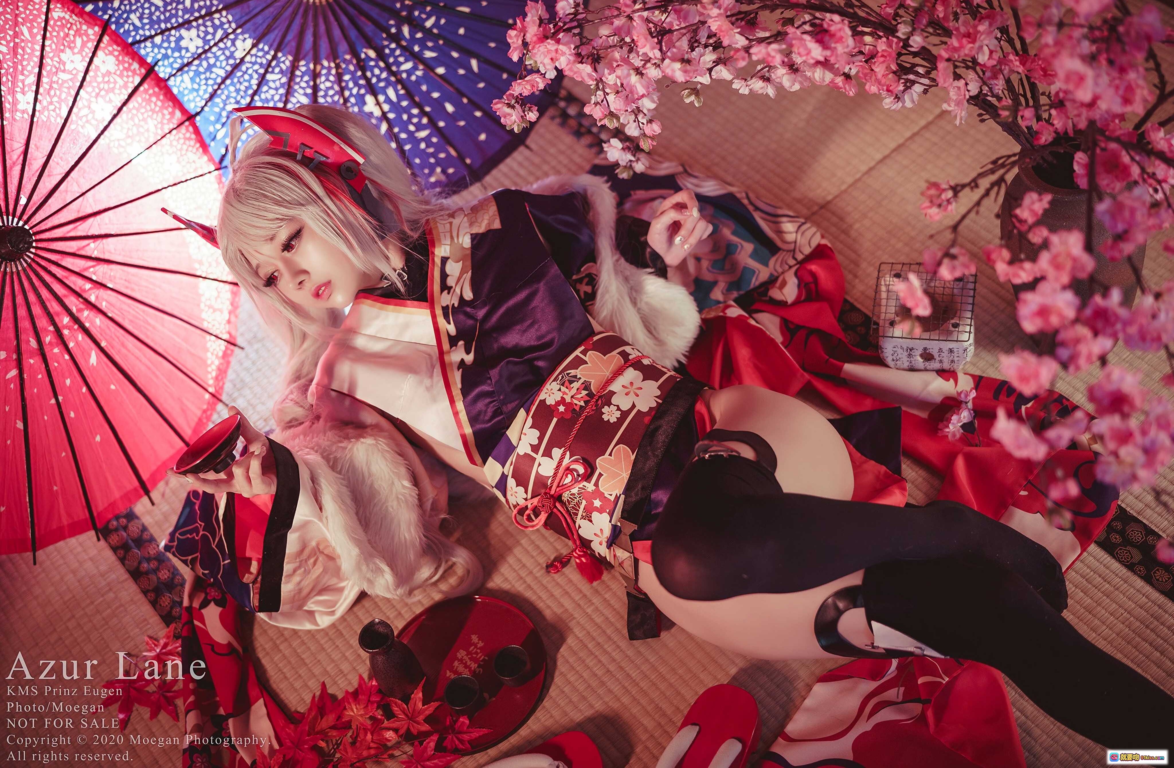 图片[5] - Azur Lane KMS Prinz Eugen 百花繚乱ver Cosplay 和风和服写真 红伞白发猫耳日系美少女摄影 - 就要吻