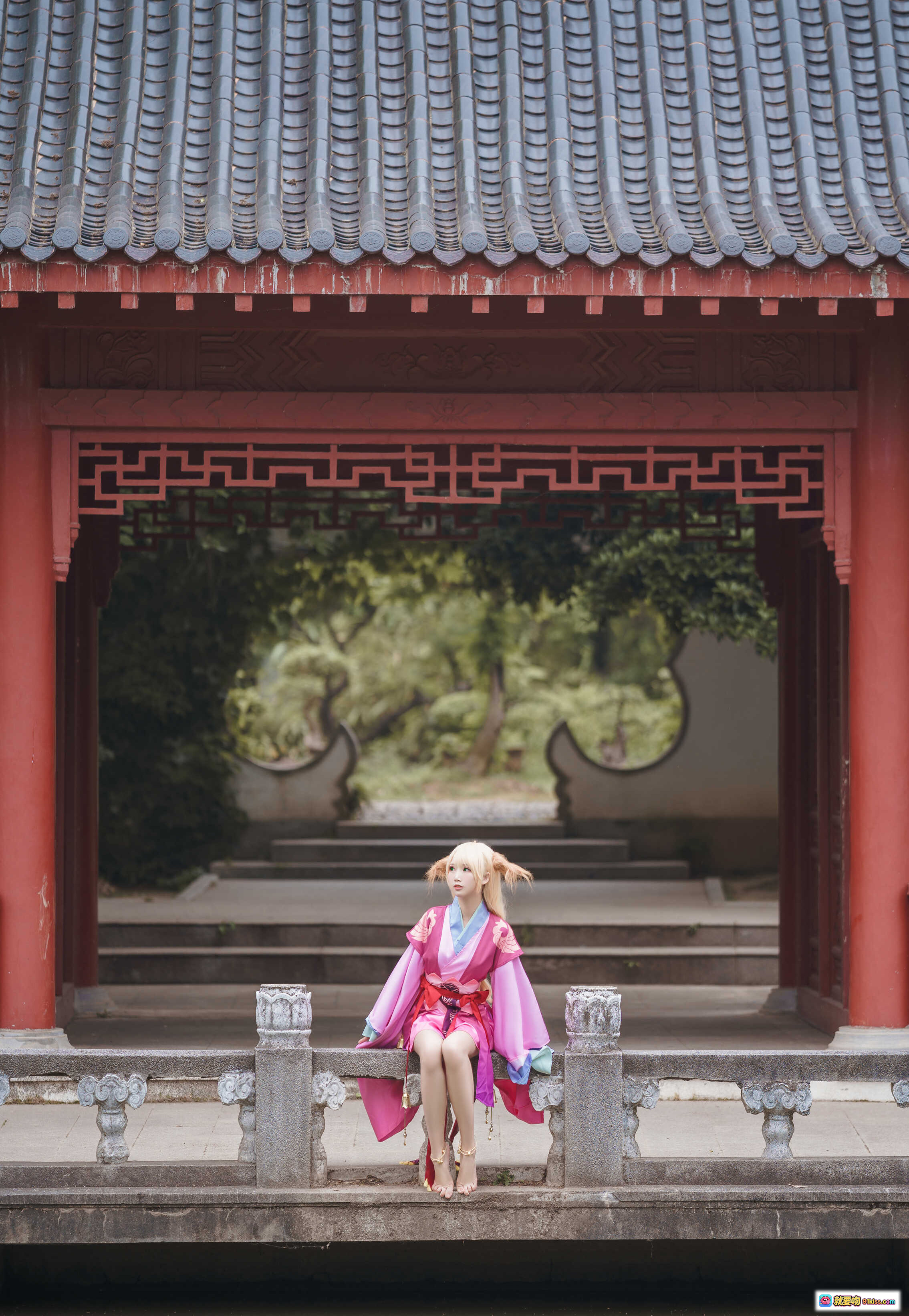 图片[3] - 面饼仙儿NO.032涂山苏苏古风汉服写真 紫粉撞色裙摆 金色铃铛流苏装饰 精美刺绣图案 14P高清图集 - 就要吻