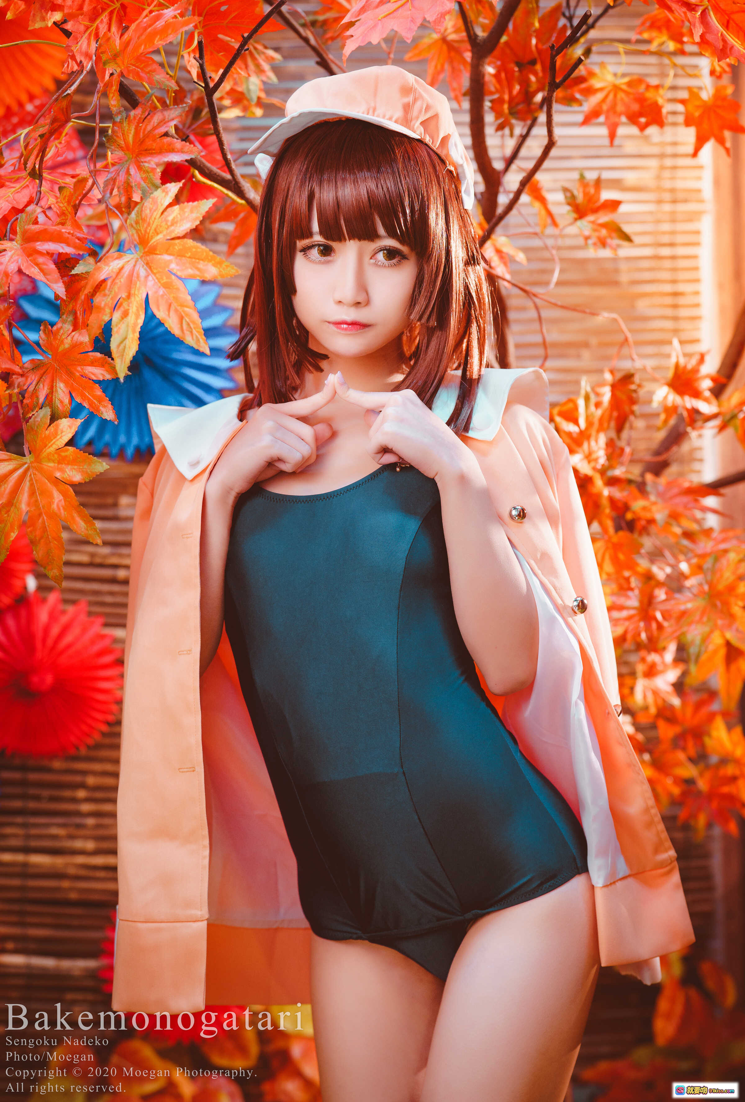 图片[9] - 千石抚子cosplay化物语日式和风写真 美少女跪姿黑泳衣橙帽光影艺术摄影 - 就要吻