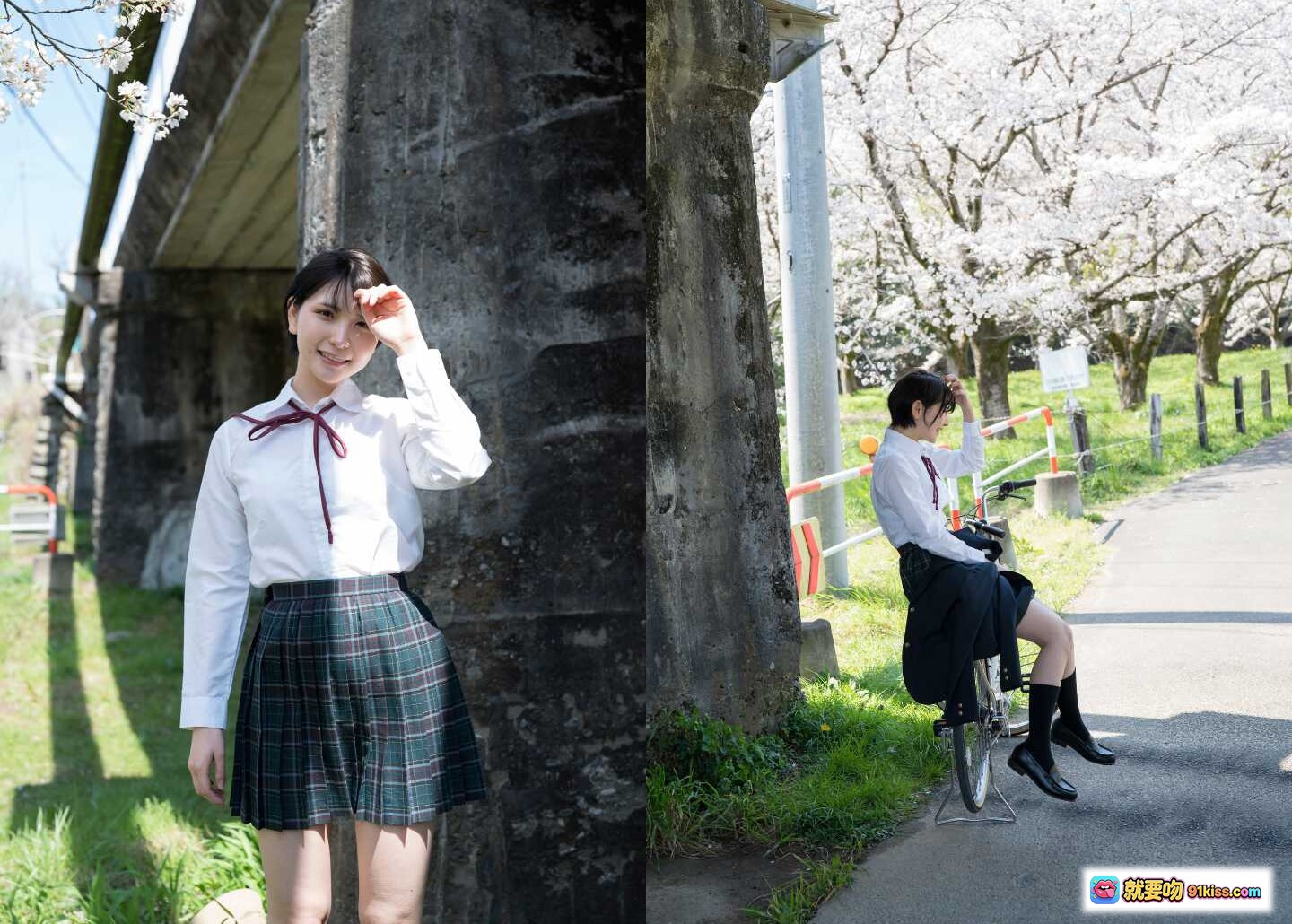 ハレムあまつ様フェチグラビア｜制服女子高生×桜並木×自転車ポージング｜春のロケーション撮影 - 就要吻