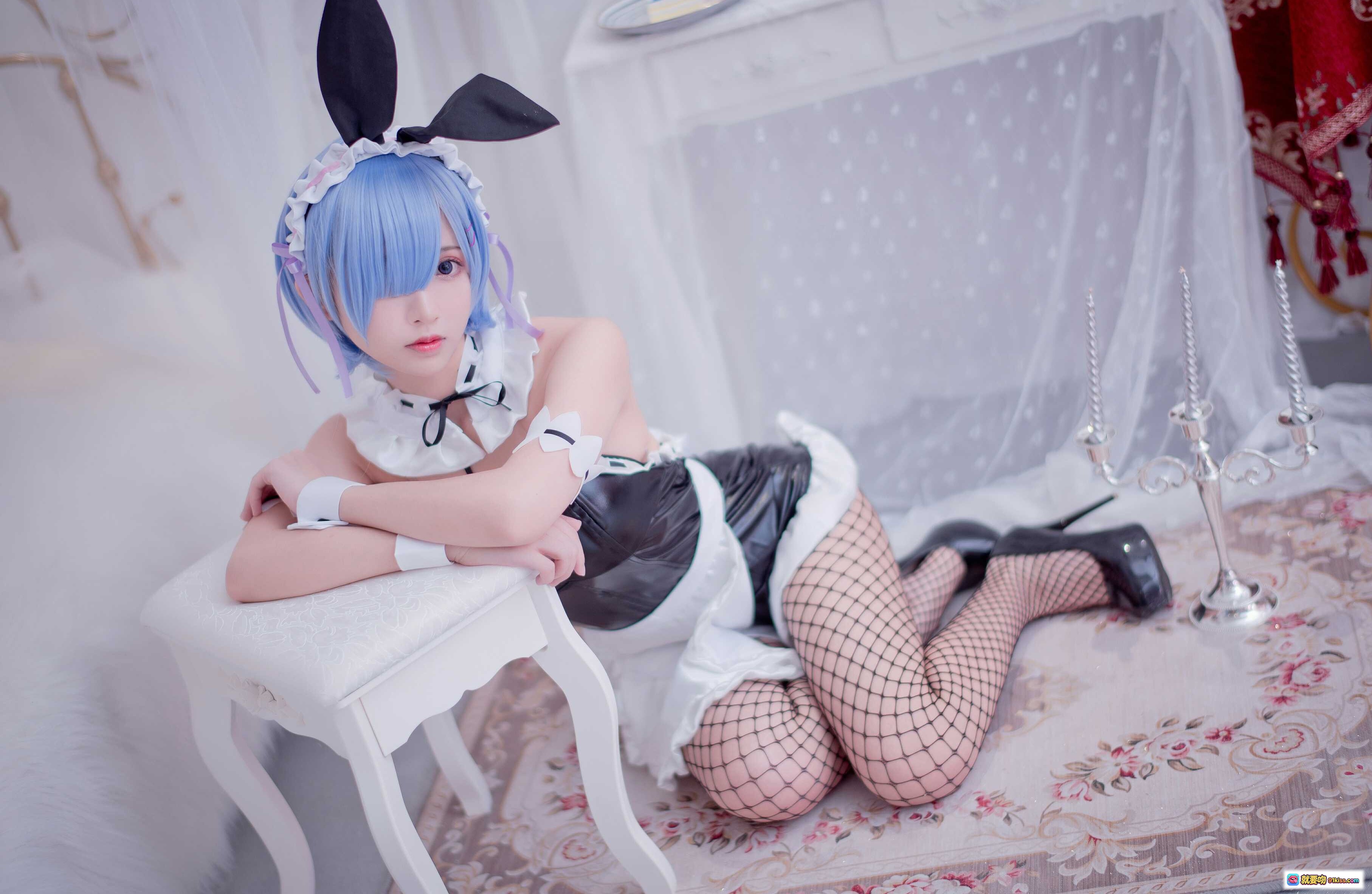 图片[4] - 鳗鱼霏儿NO.039蕾姆cosplay兔女郎女仆装黑丝高跟网袜蓝发写真美图 - 就要吻